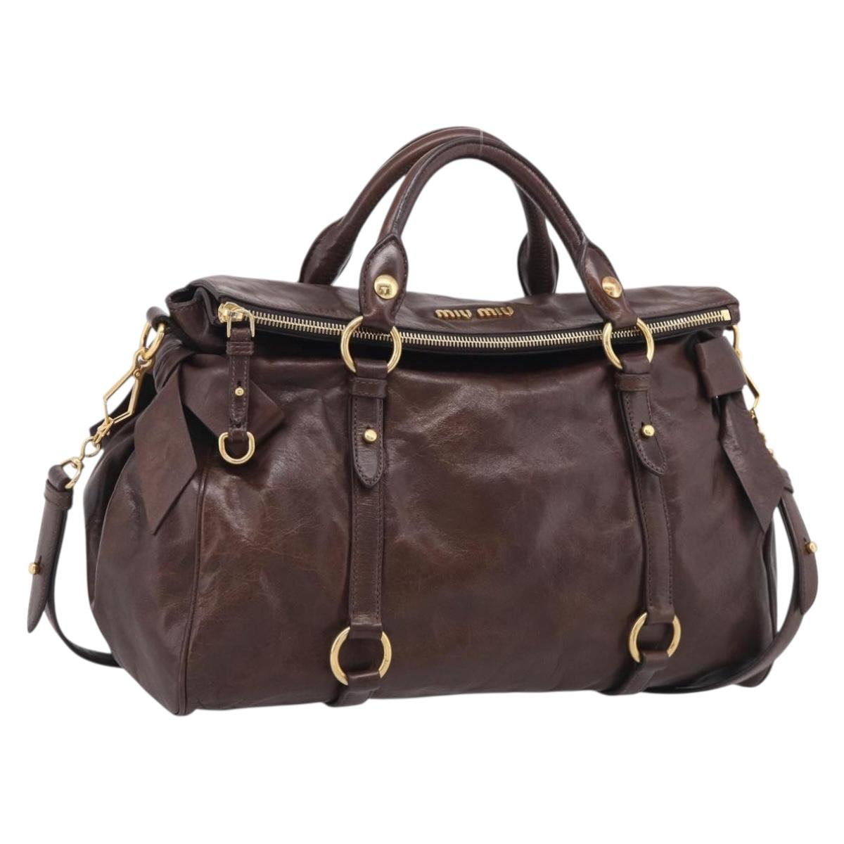 Miu Miu Vitellolux Hand Bag Leather 2way Brown Gold Auth 214793SAV