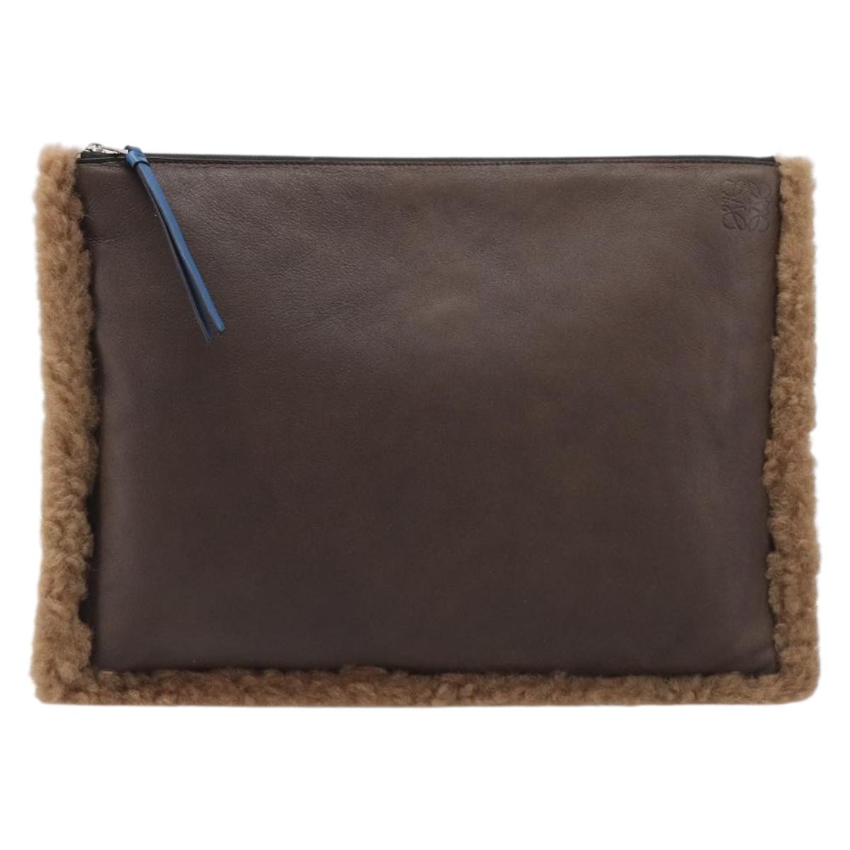 LOEWE Clutch Bag Leather Mouton Brown Silver Auth 214913A