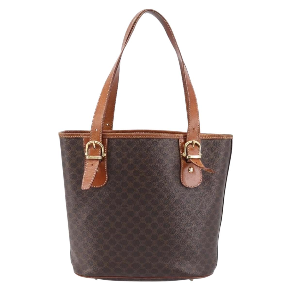 CELINE Macadam Canvas Tote Bag PVC Leather Brown Gold Auth 214916