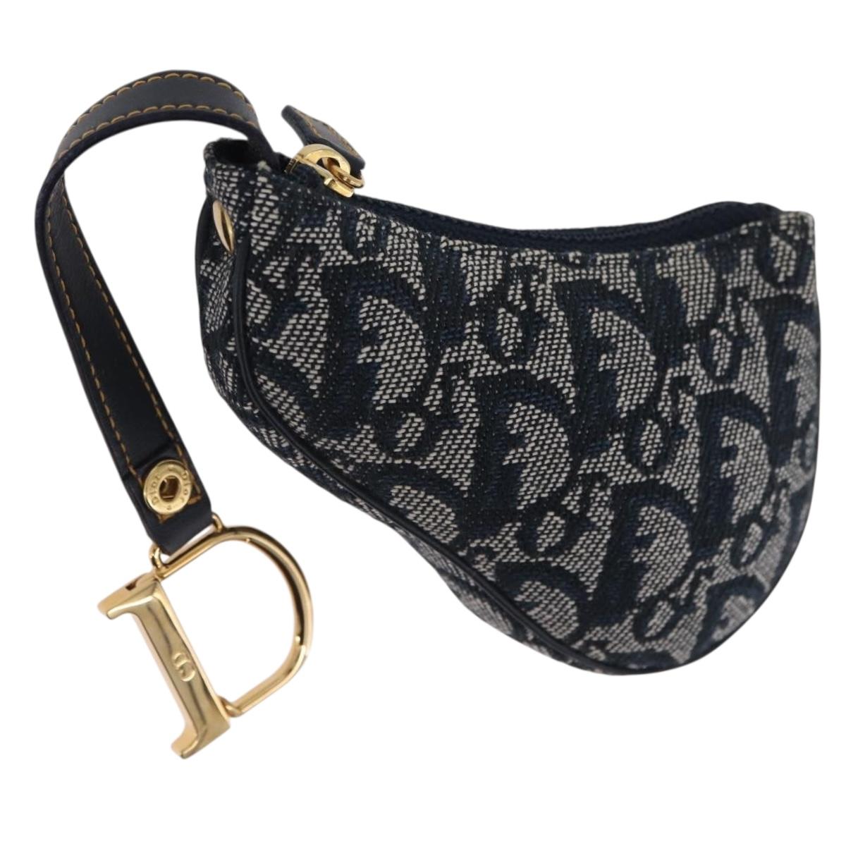 Christian Dior Trotter Canvas saddle Pouch Navy Gold Auth 214920V