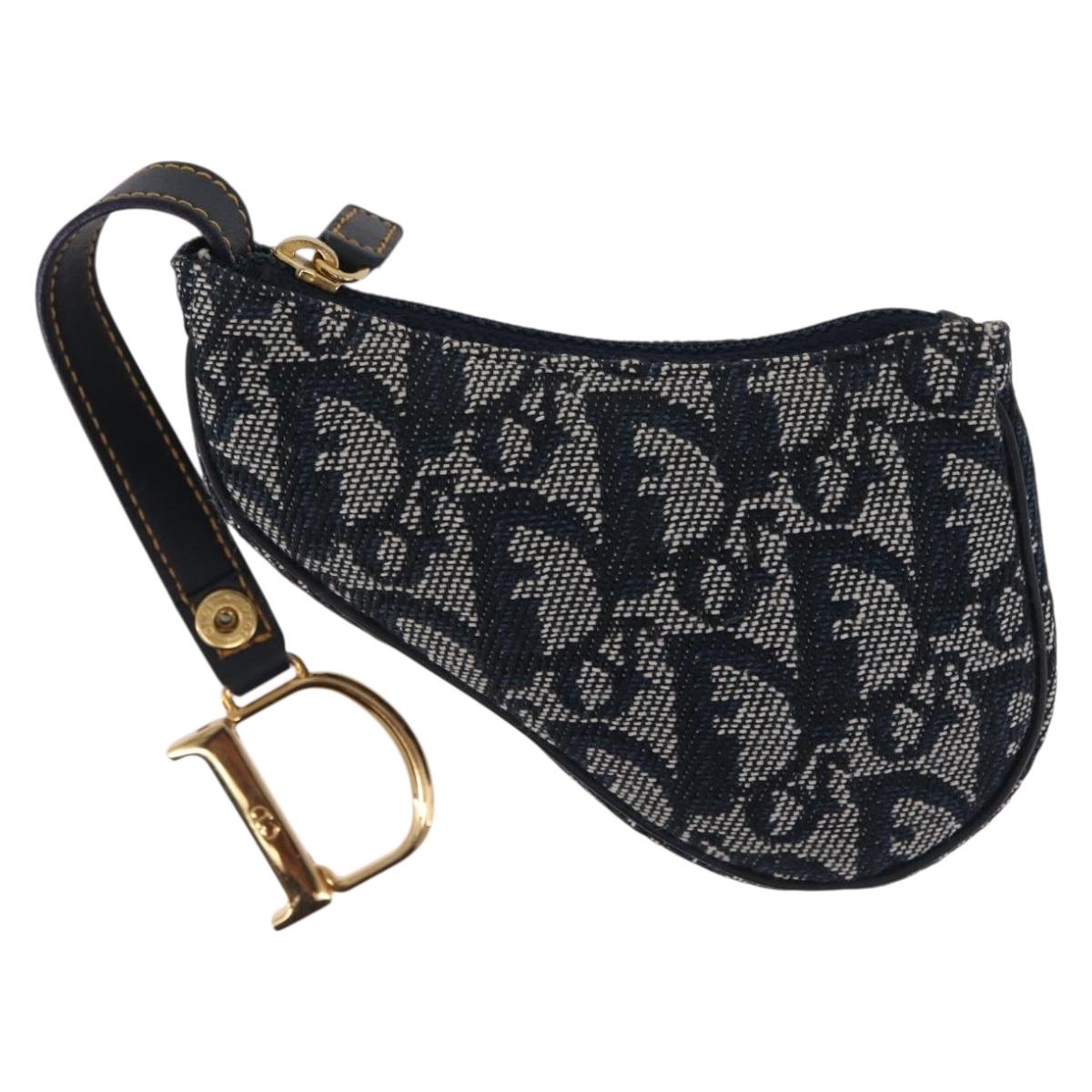 Christian Dior Trotter Canvas saddle Pouch Navy Gold Auth 214920V
