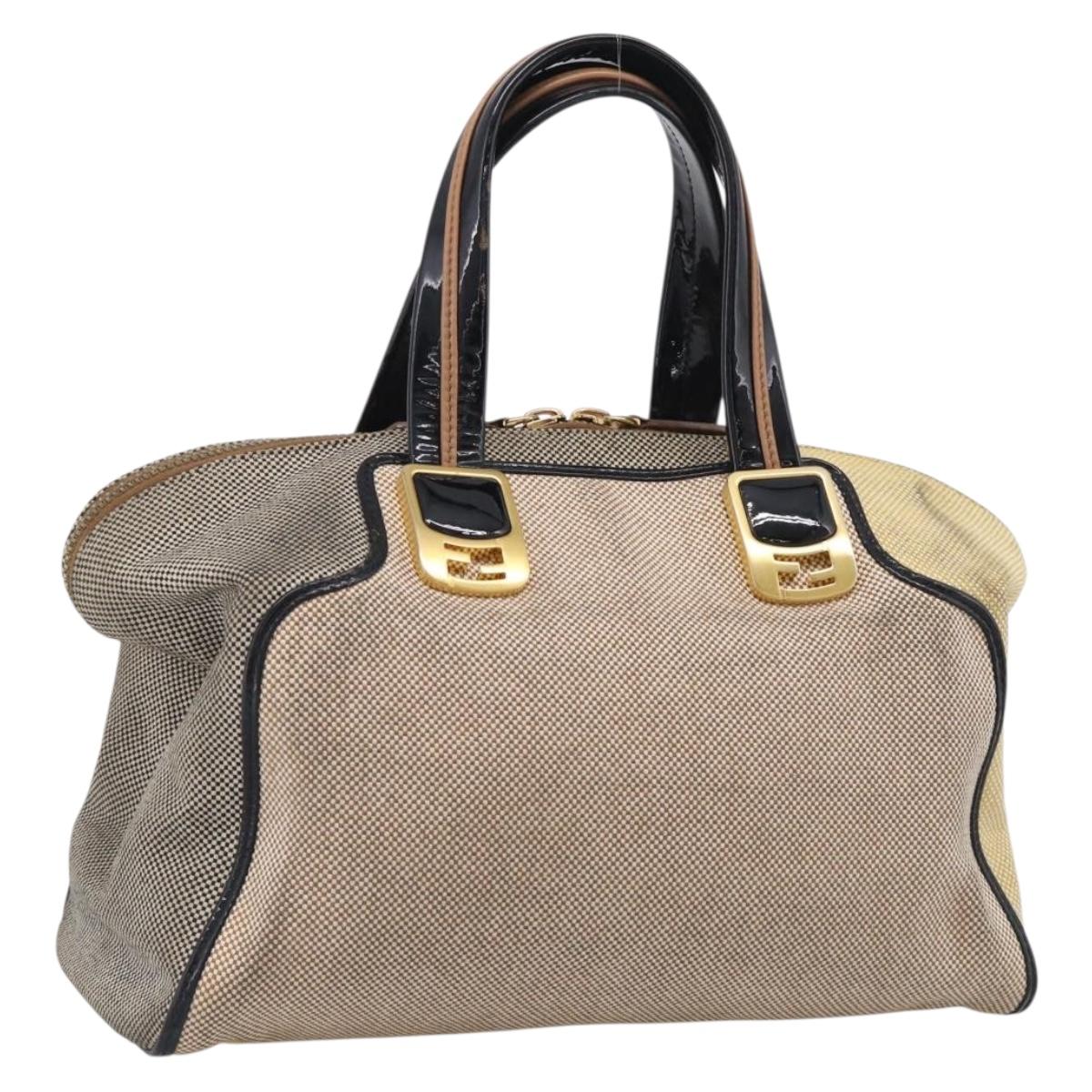FENDI Chameleon Bag Boston Bag Canvas Beige Gold Auth 214925