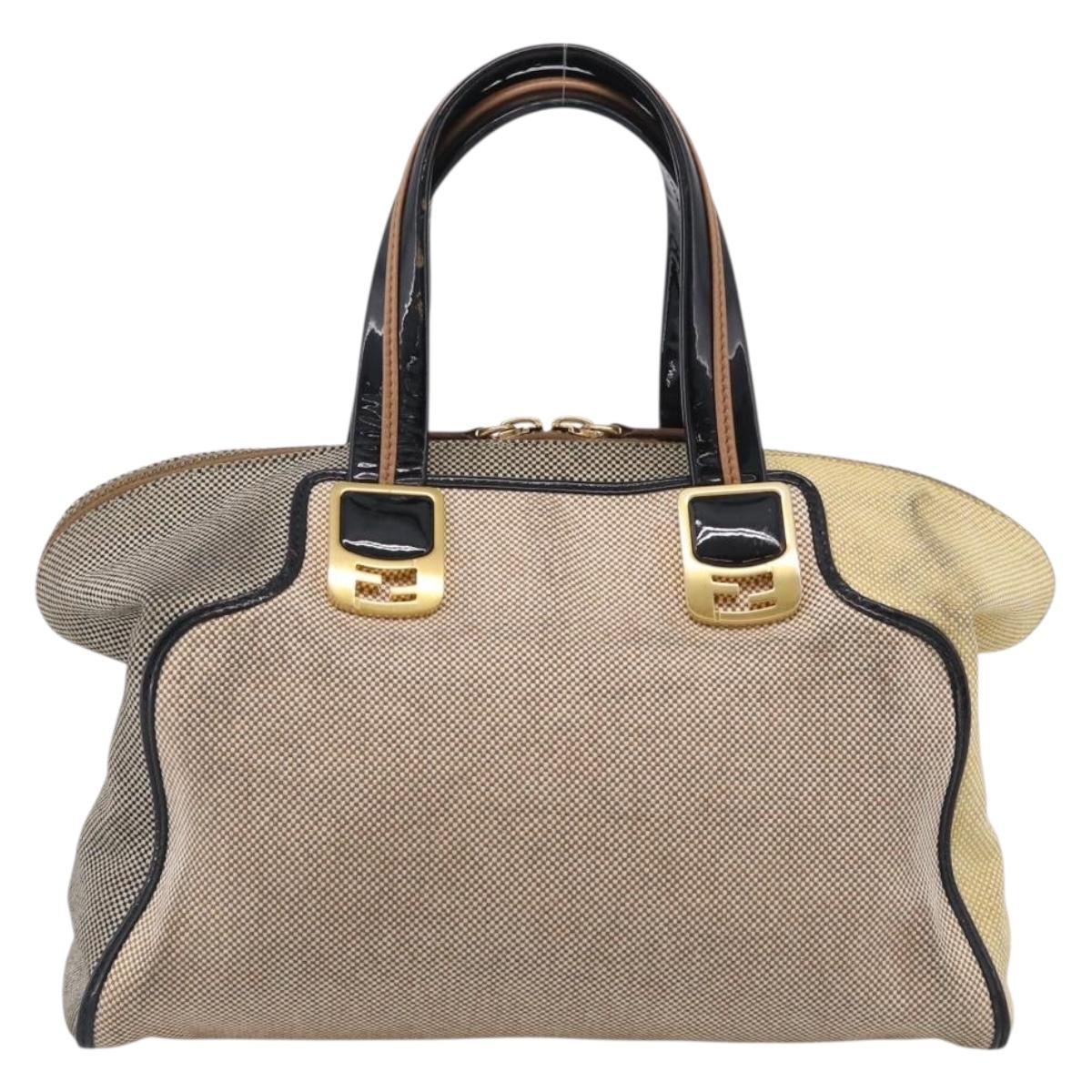FENDI Chameleon Bag Boston Bag Canvas Beige Gold Auth 214925