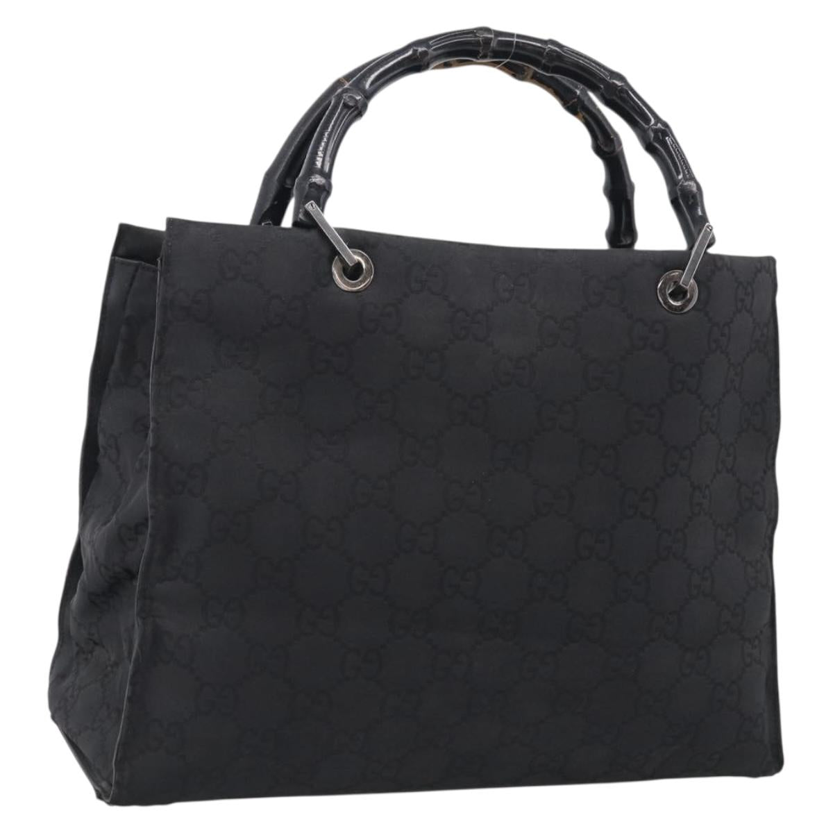 GUCCI GG Canvas Bamboo Hand Bag Nylon Black Silver 002 1010 Auth 214937