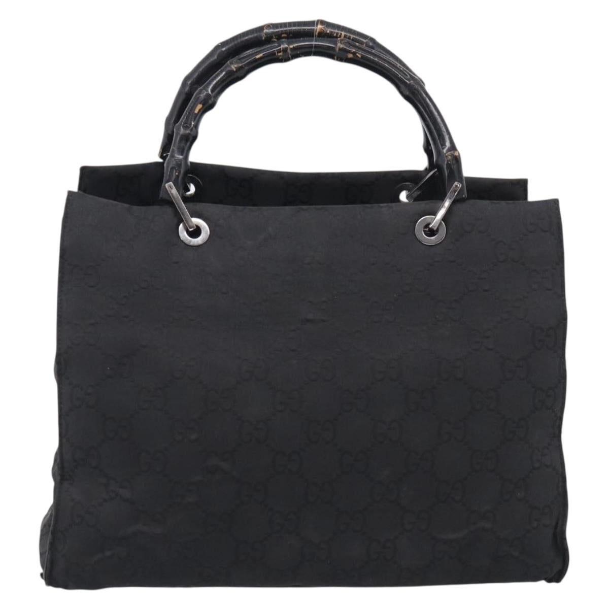 GUCCI GG Canvas Bamboo Hand Bag Nylon Black Silver 002 1010 Auth 214937