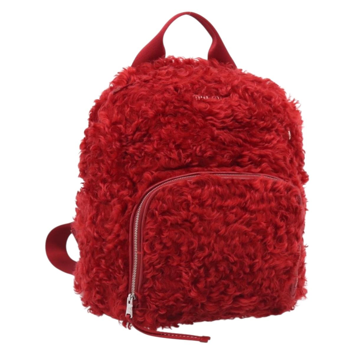 Miu Miu Backpack Acrylic Fur Red Silver Auth 214949M