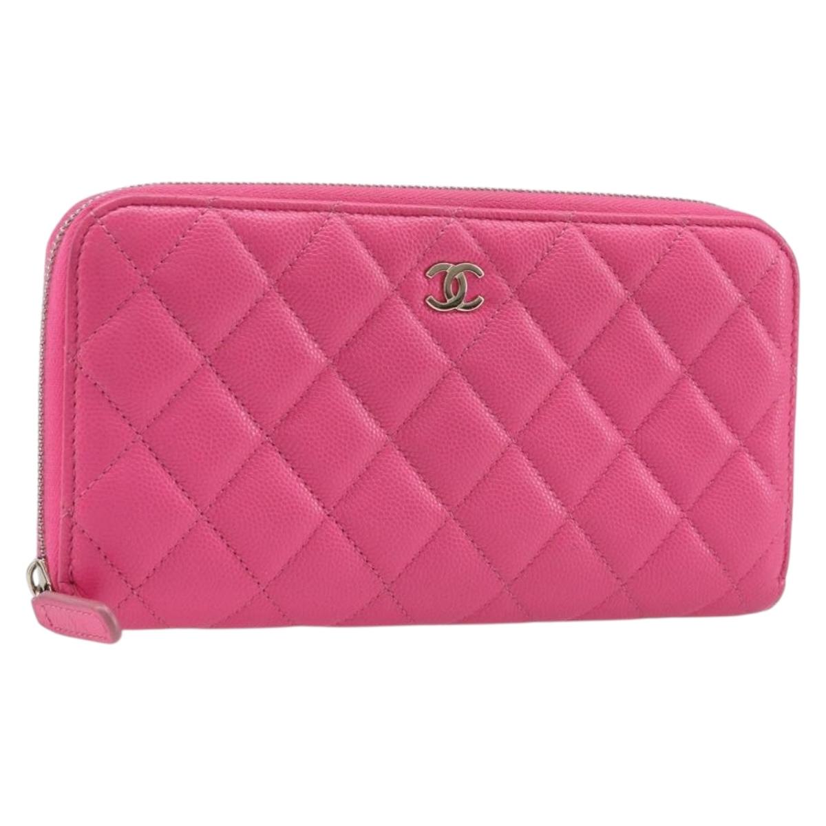 CHANEL Matelasse Wallet Caviar Skin Pink Gold CC Auth 214961M