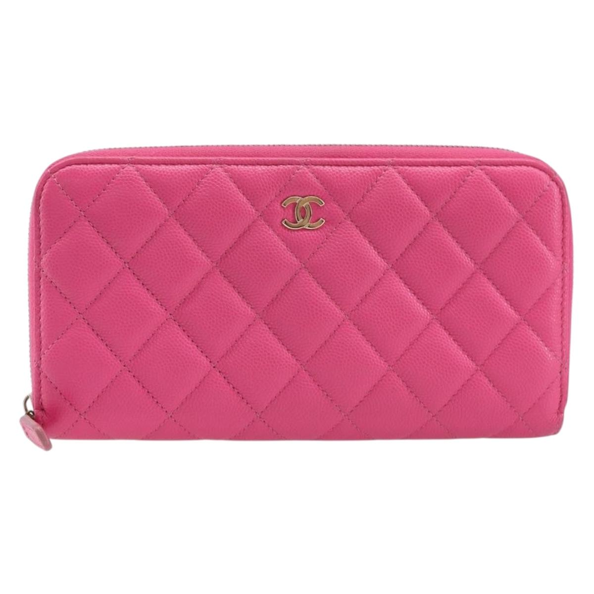 CHANEL Matelasse Wallet Caviar Skin Pink Gold CC Auth 214961M