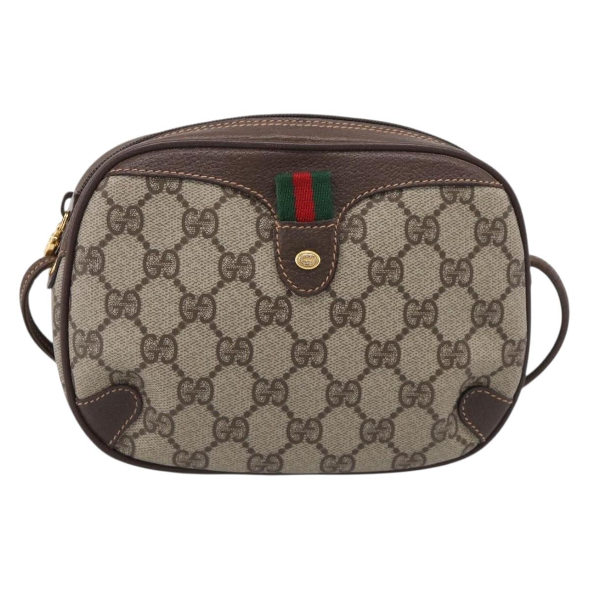 GUCCI GG Supreme Web Sherry Line Bag PVC Beige Gold 156 02 066 Auth 214970