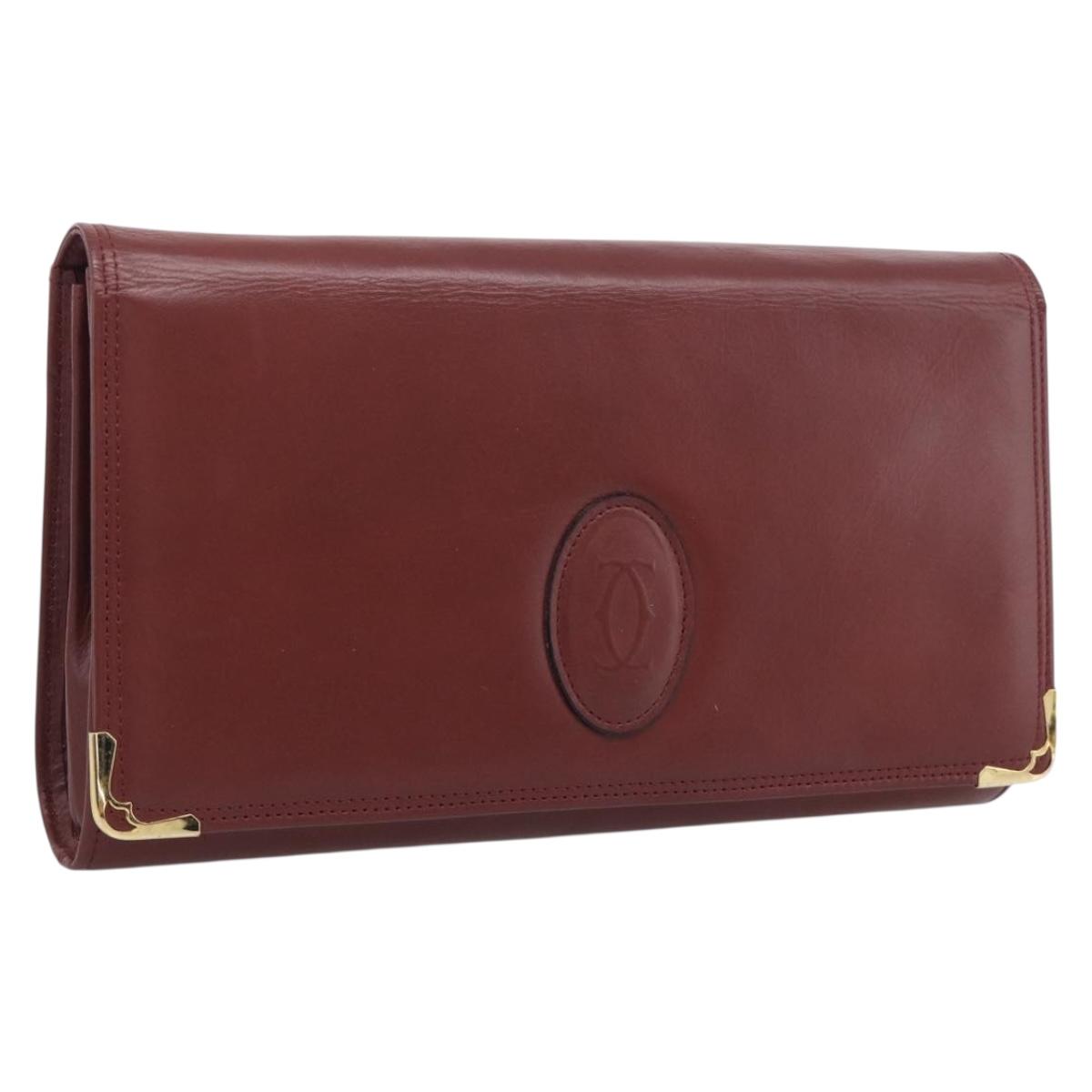 Cartier Must Line Clutch Bag Leather Bordeaux Gold Auth 215191