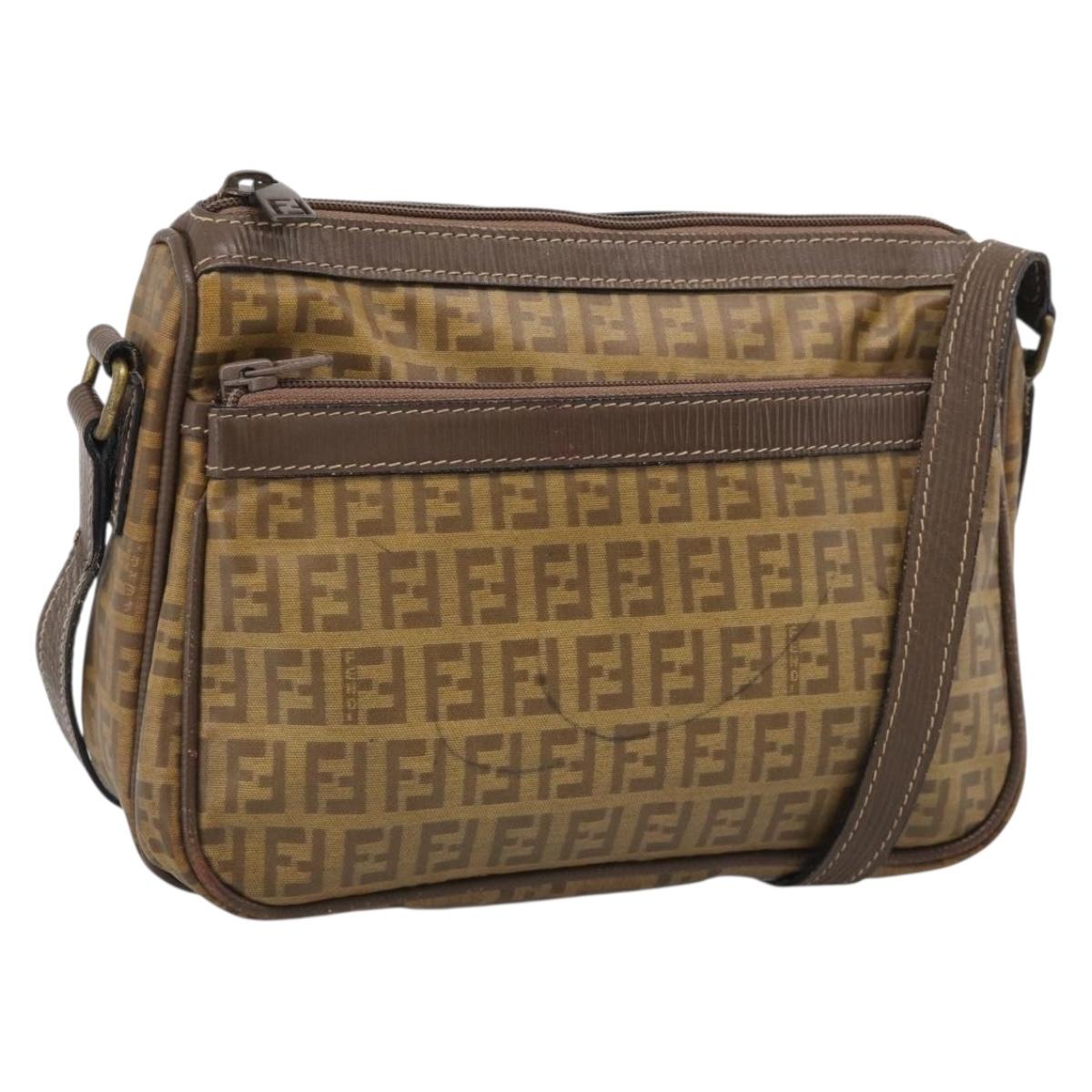 FENDI Zucchino Canvas Shoulder Bag Beige Gold Auth 215196