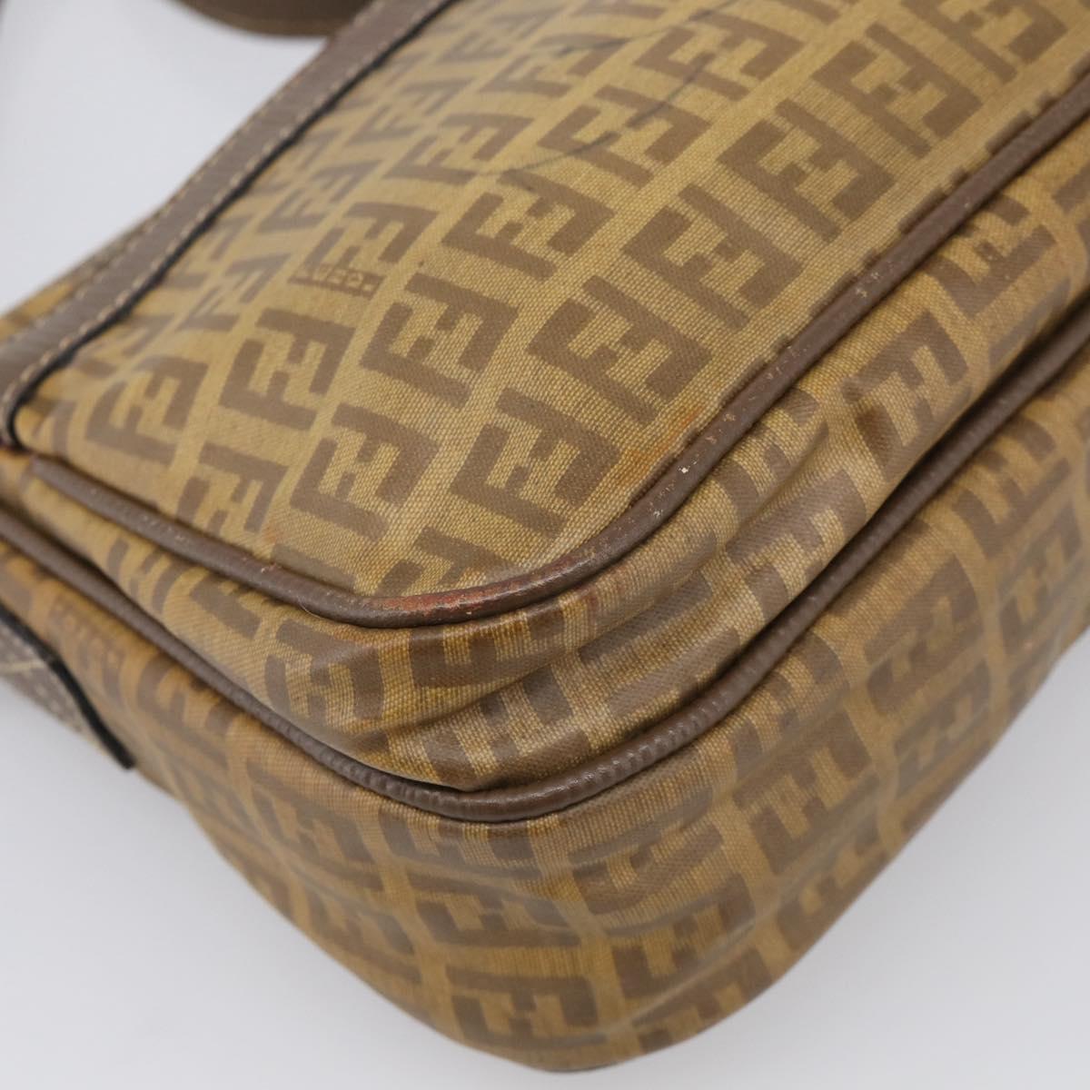 FENDI Zucchino Canvas Shoulder Bag Beige Gold Auth 215196