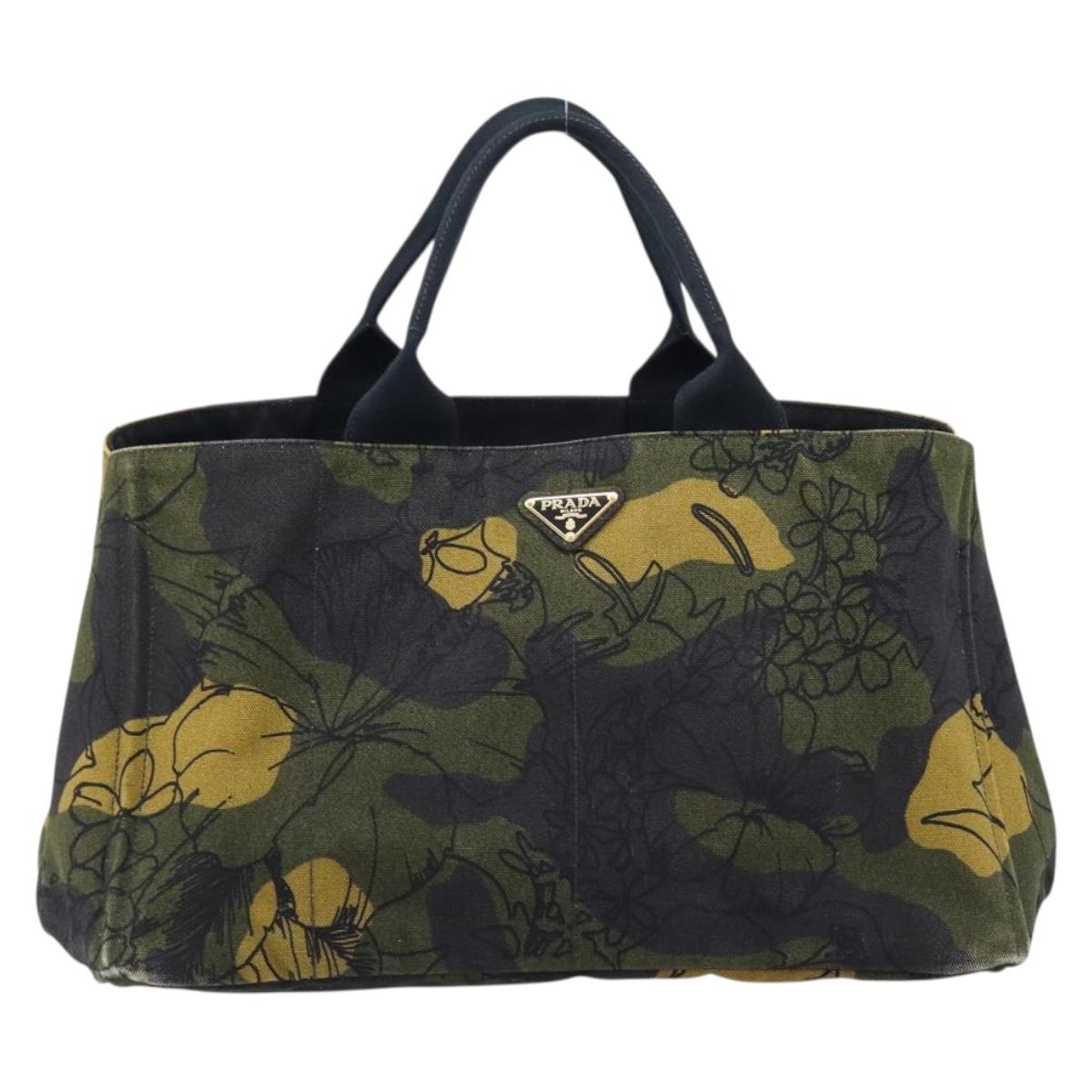 PRADA Canapa Hand Bag Canvas Green Gold Auth 215362A