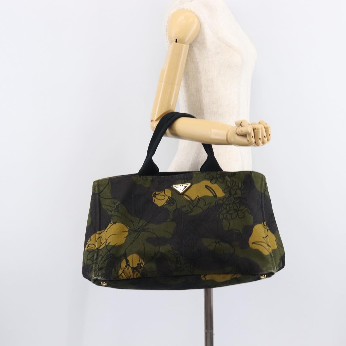 PRADA Canapa Hand Bag Canvas Green Gold Auth 215362A