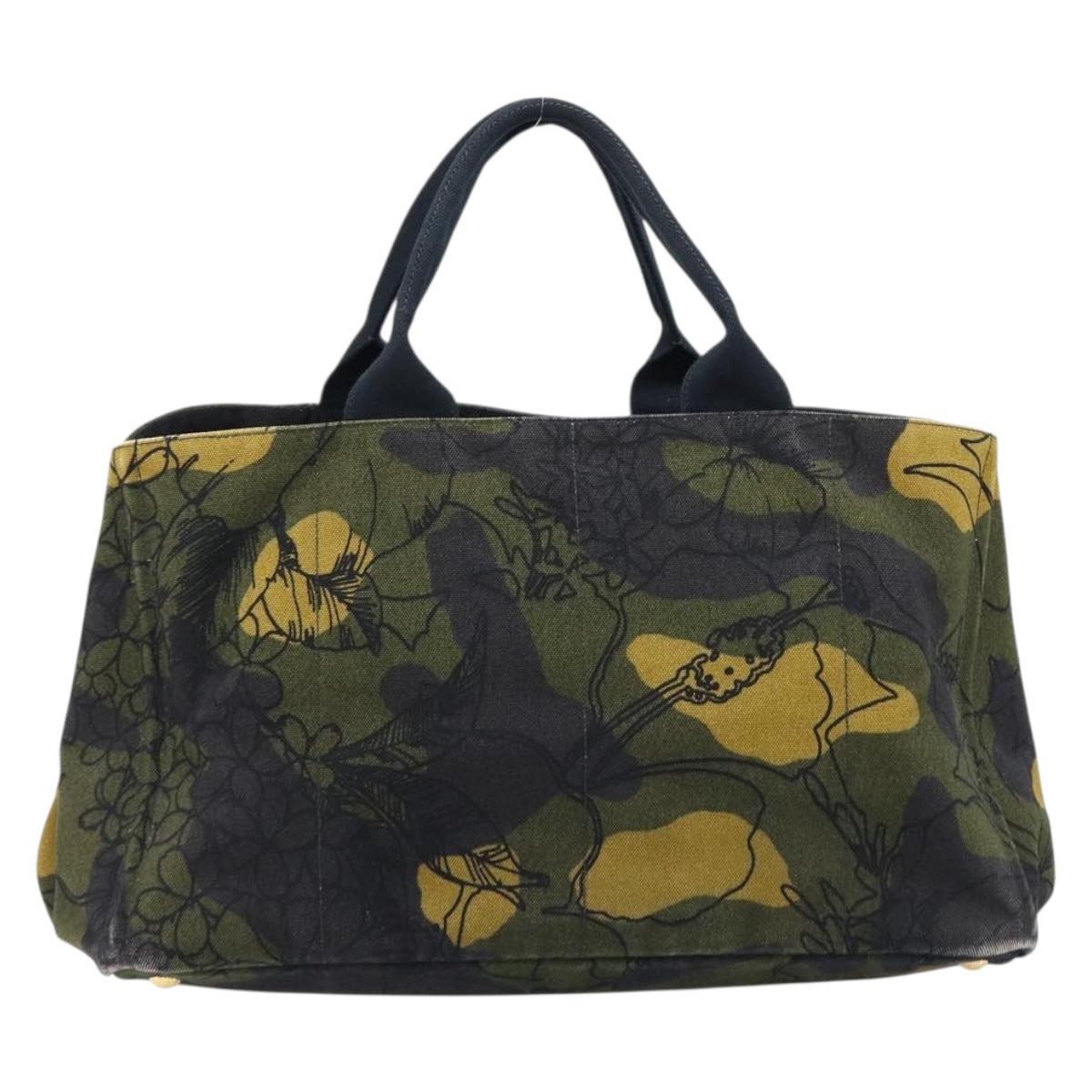 PRADA Canapa Hand Bag Canvas Green Gold Auth 215362A