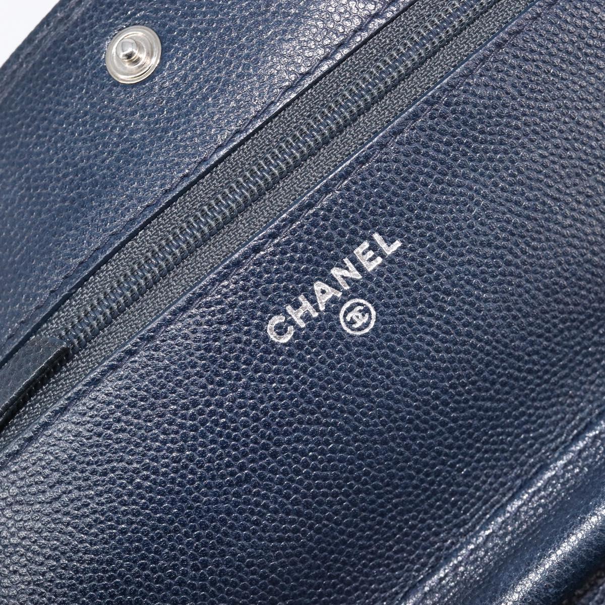 CHANEL Chain Shoulder Wallet Bag Caviar Skin Navy Silver CC Auth 215363V