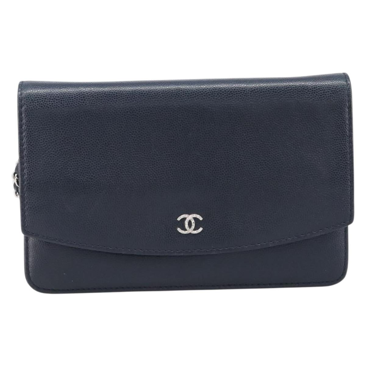 CHANEL Chain Shoulder Wallet Bag Caviar Skin Navy Silver CC Auth 215363V