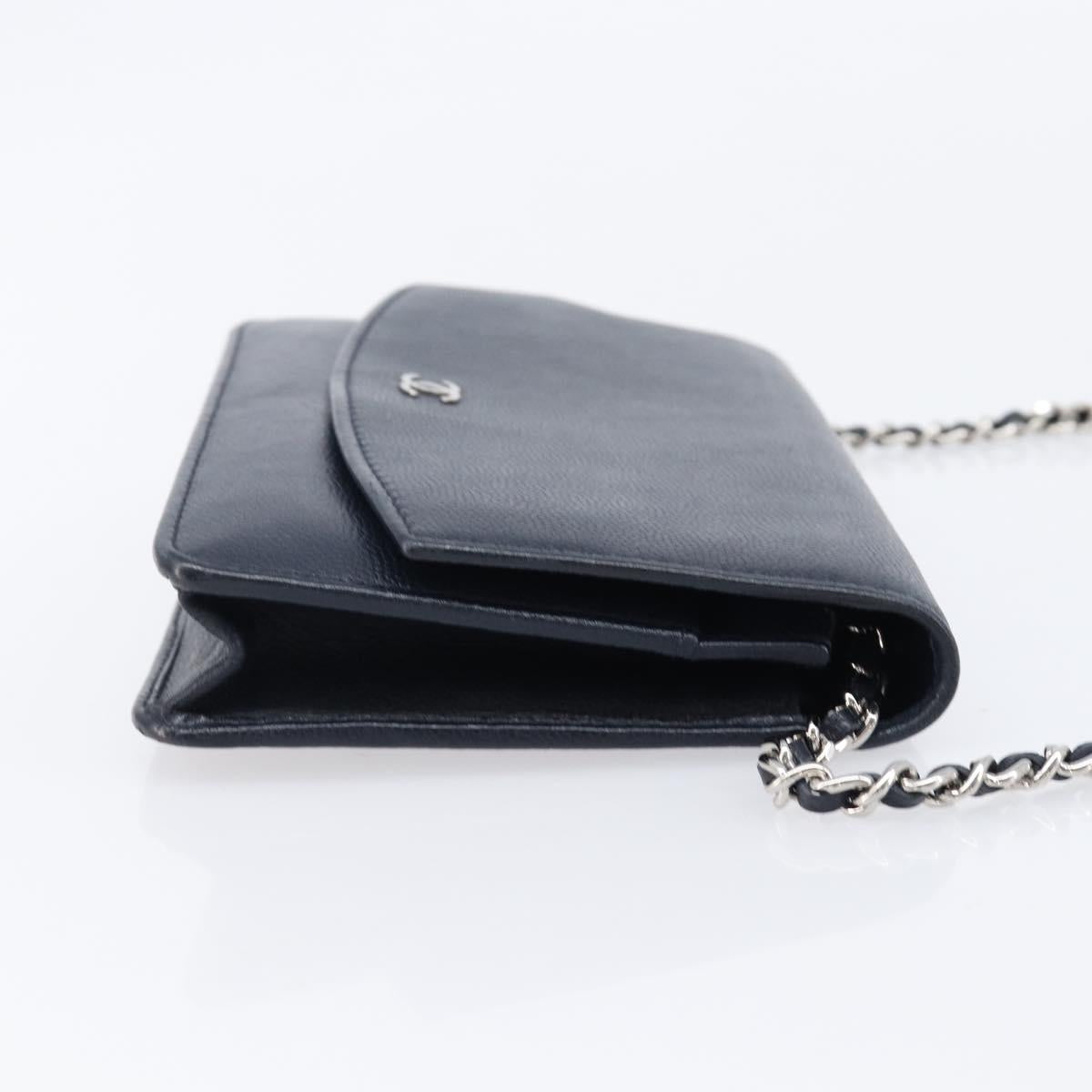 CHANEL Chain Shoulder Wallet Bag Caviar Skin Navy Silver CC Auth 215363V