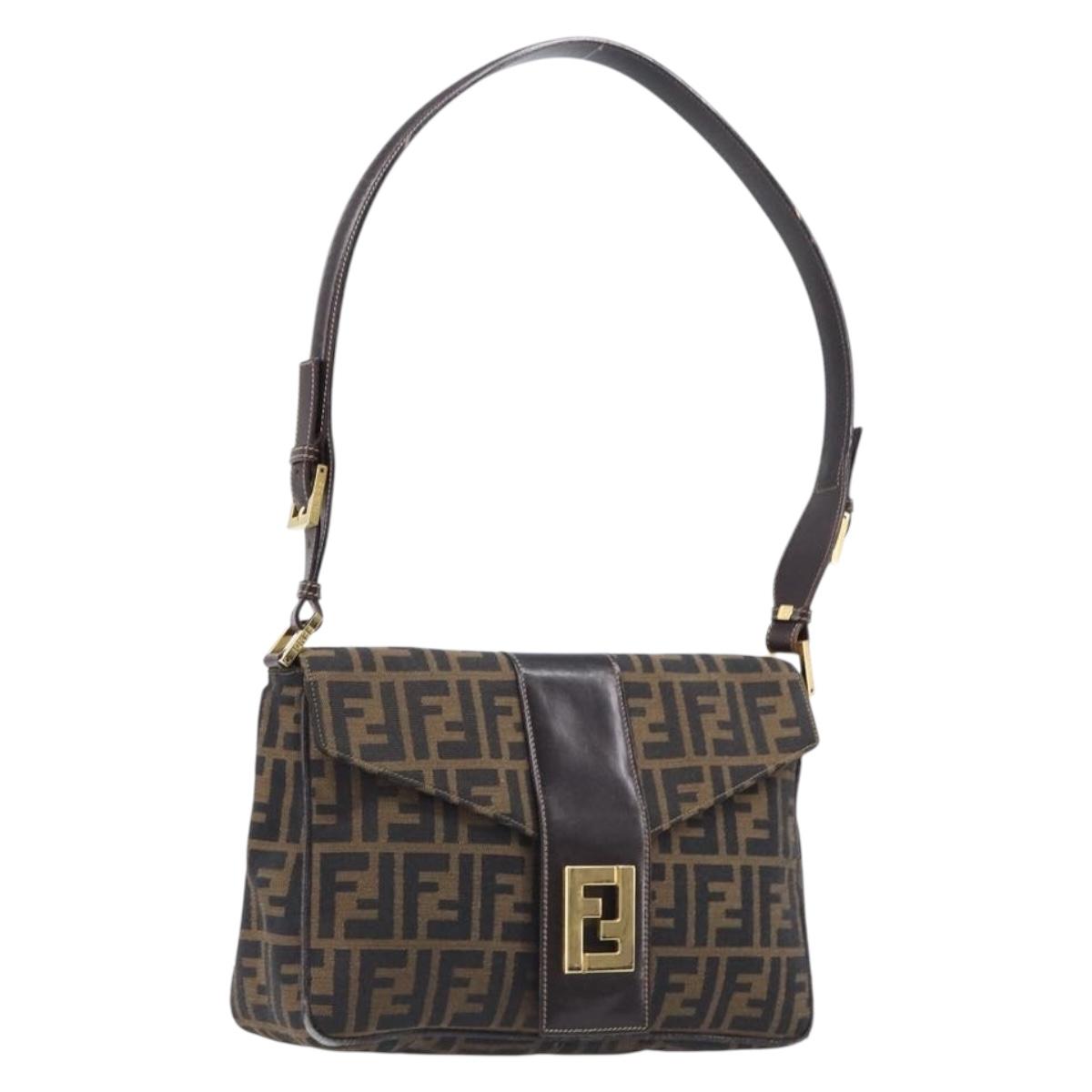 FENDI Zucca Canvas Shoulder Bag Brown Black Auth 215364