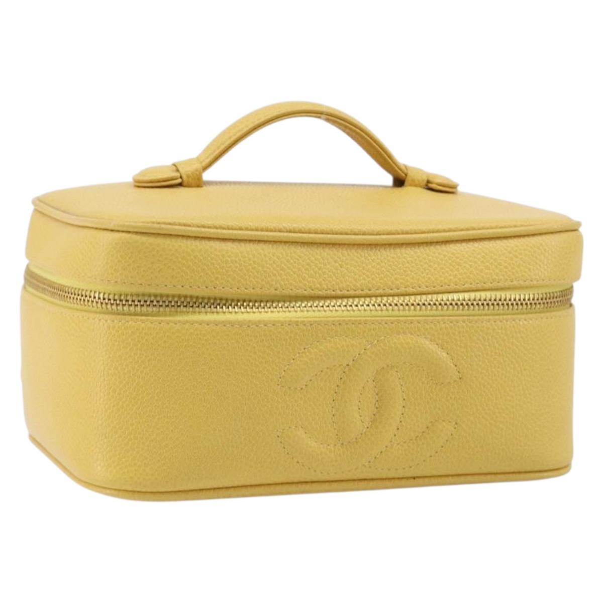 CHANEL Vanity Hand Bag Caviar Skin Yellow Gold CC Auth 215366