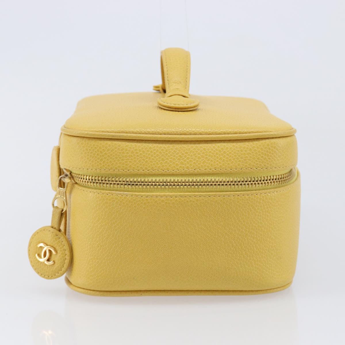 CHANEL Vanity Hand Bag Caviar Skin Yellow Gold CC Auth 215366