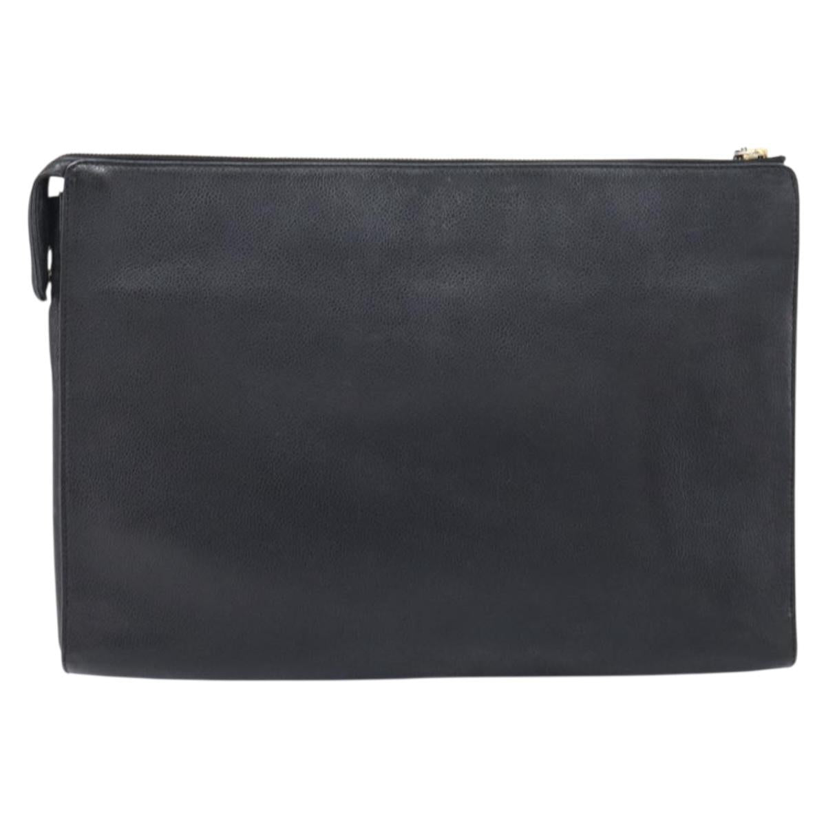 CHANEL Clutch Bag Caviar Skin Black Gold CC Auth 215372