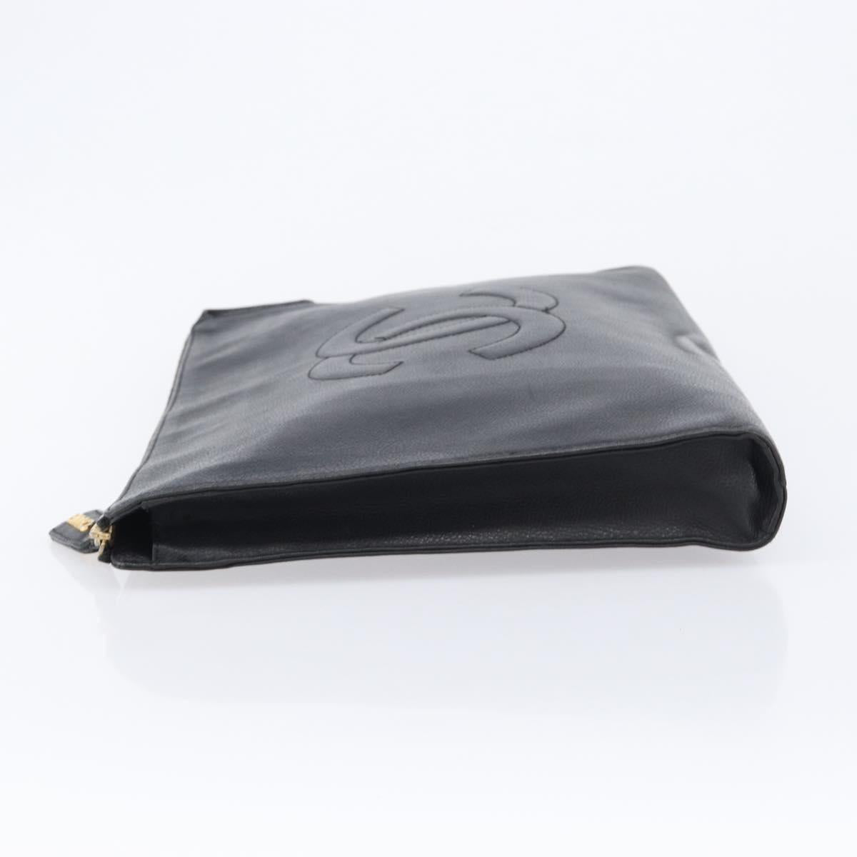 CHANEL Clutch Bag Caviar Skin Black Gold CC Auth 215372