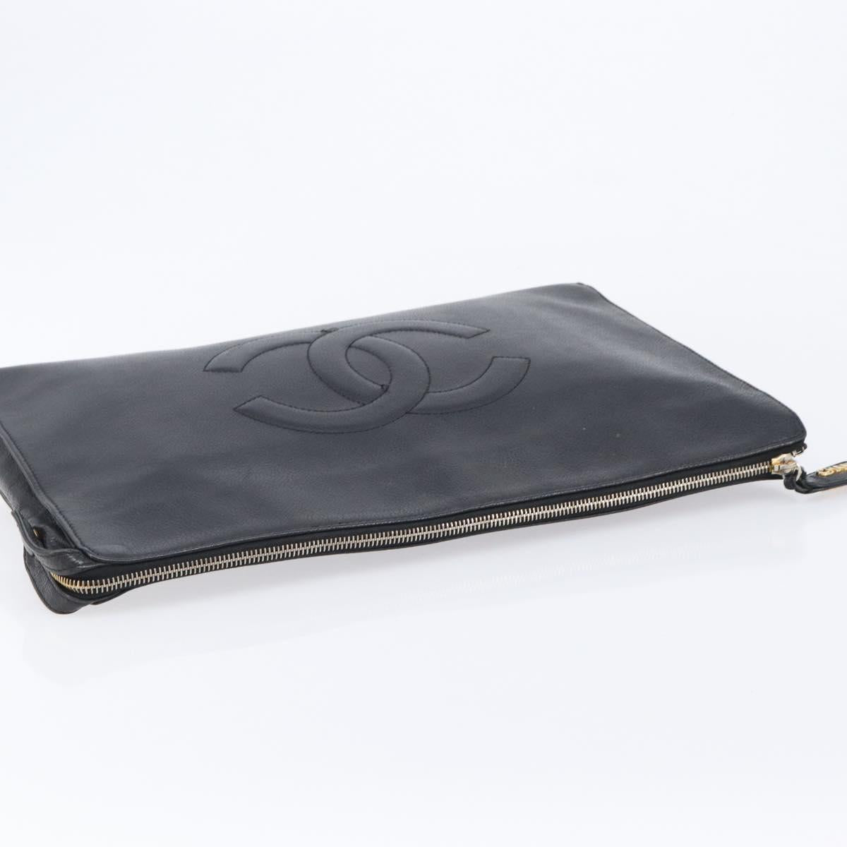 CHANEL Clutch Bag Caviar Skin Black Gold CC Auth 215372