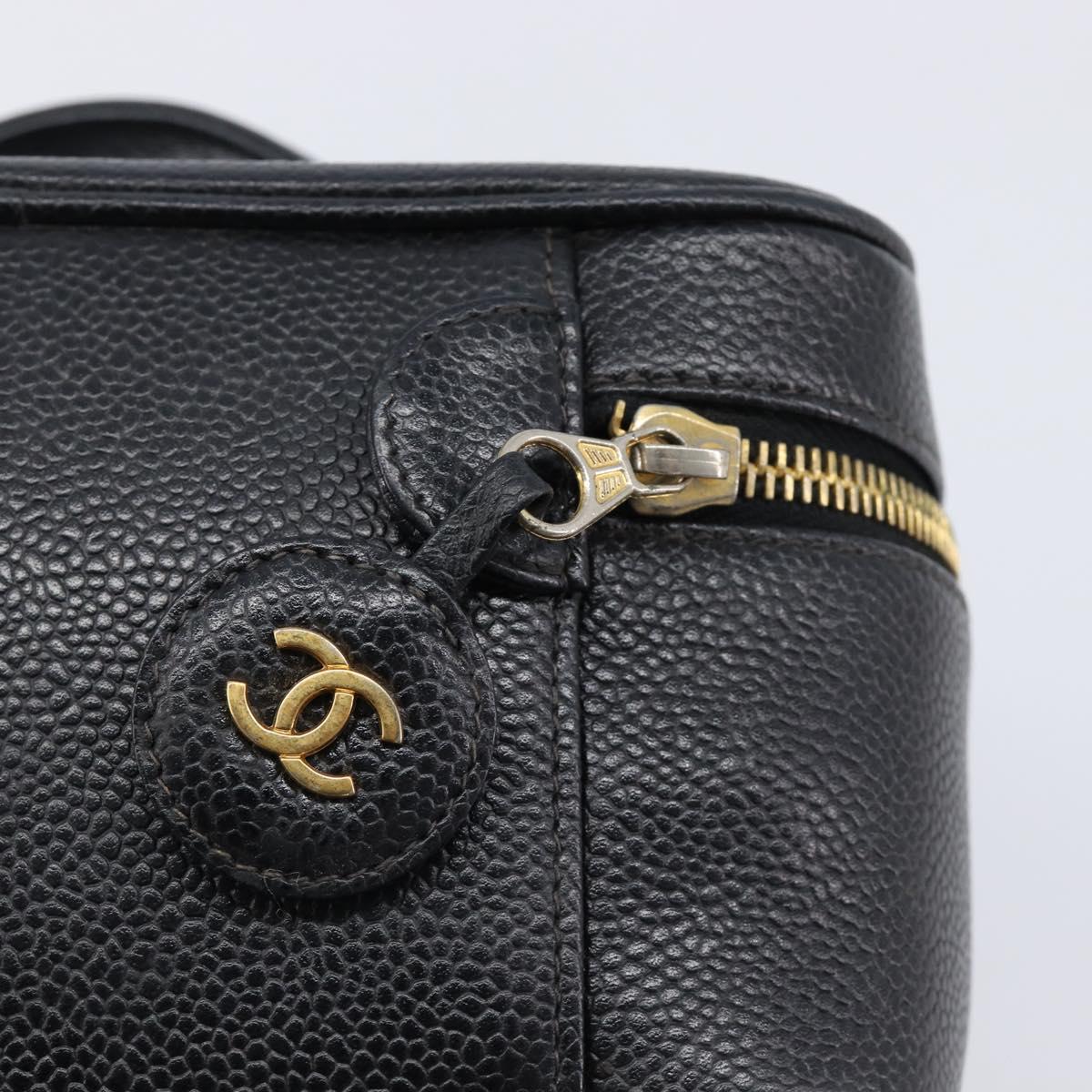CHANEL Vanity Hand Bag Caviar Skin Black Gold CC Auth 215388
