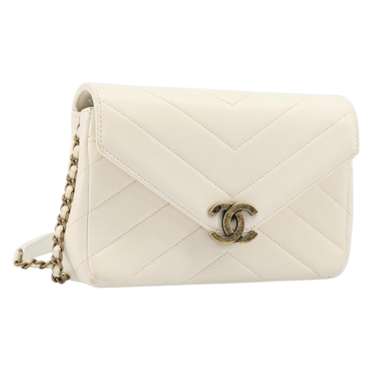 CHANEL Chain Shoulder Bag Lamb Skin Ivory CC Auth 215393V