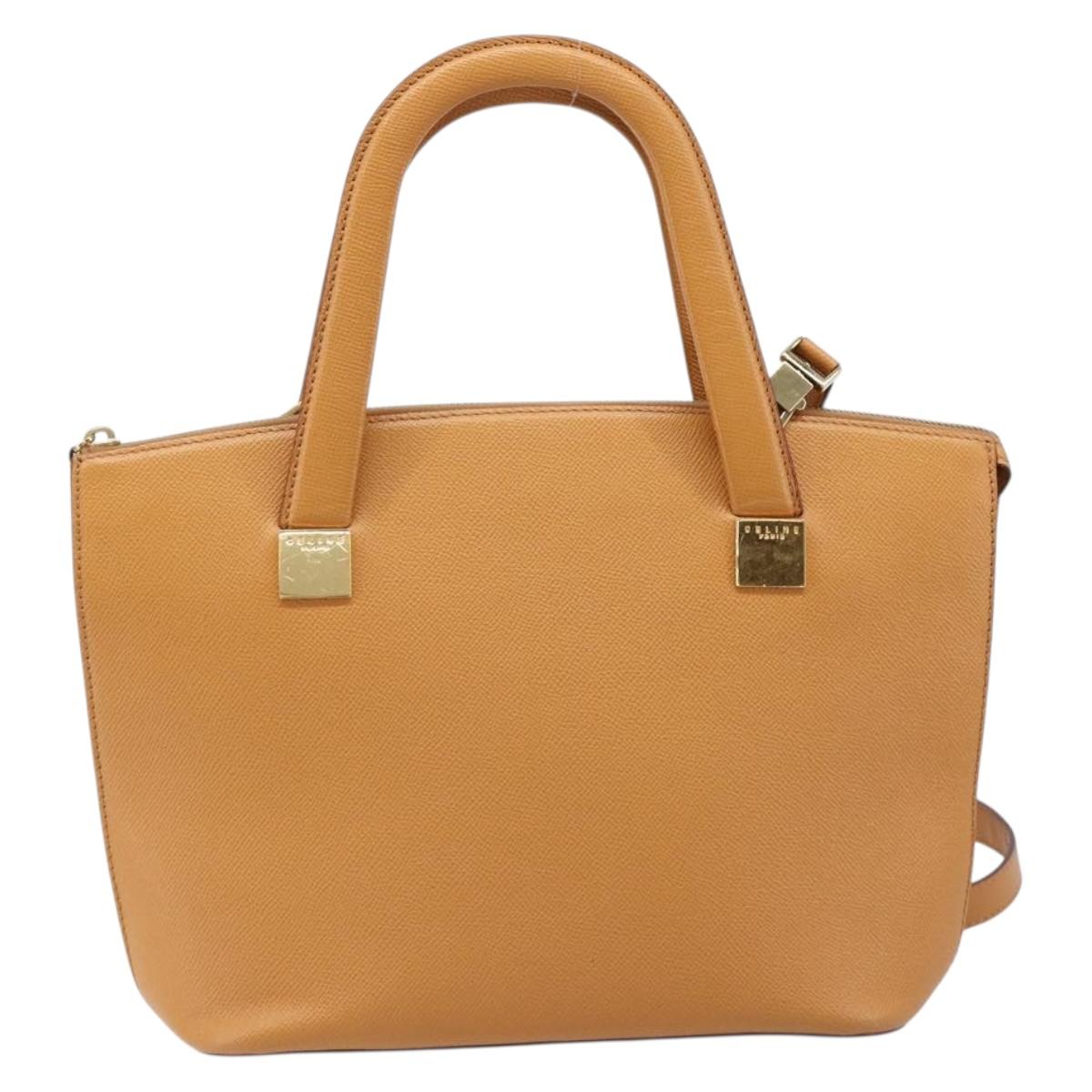 CELINE Hand Bag Leather 2way Beige Gold Auth 215400