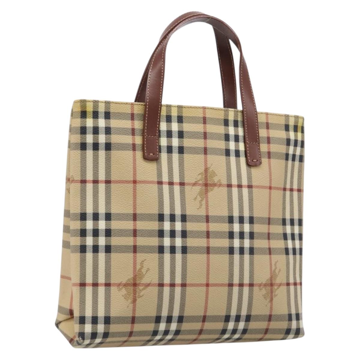 BURBERRY Nova Check Hand Bag PVC Beige Gold Auth 215413