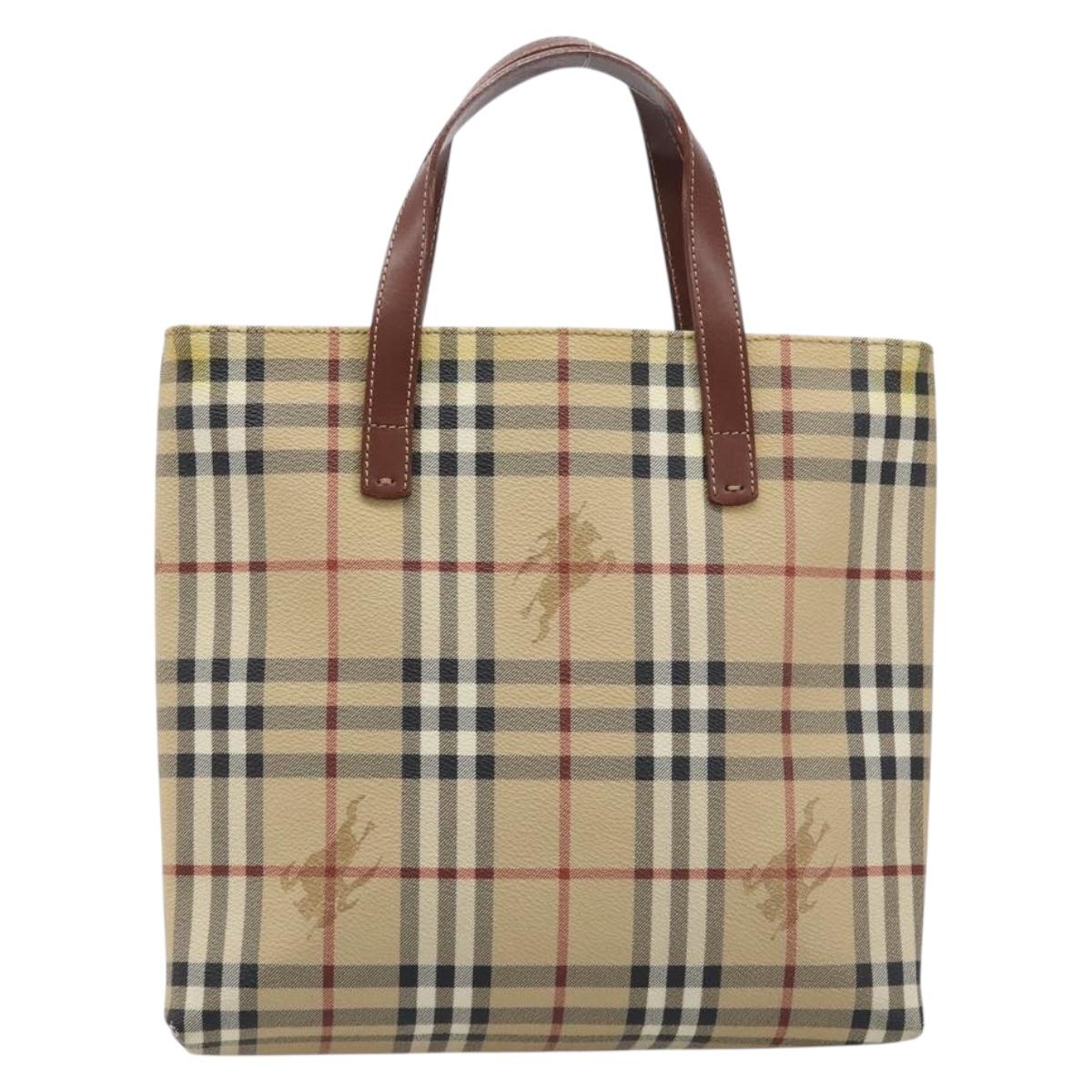 BURBERRY Nova Check Hand Bag PVC Beige Gold Auth 215413