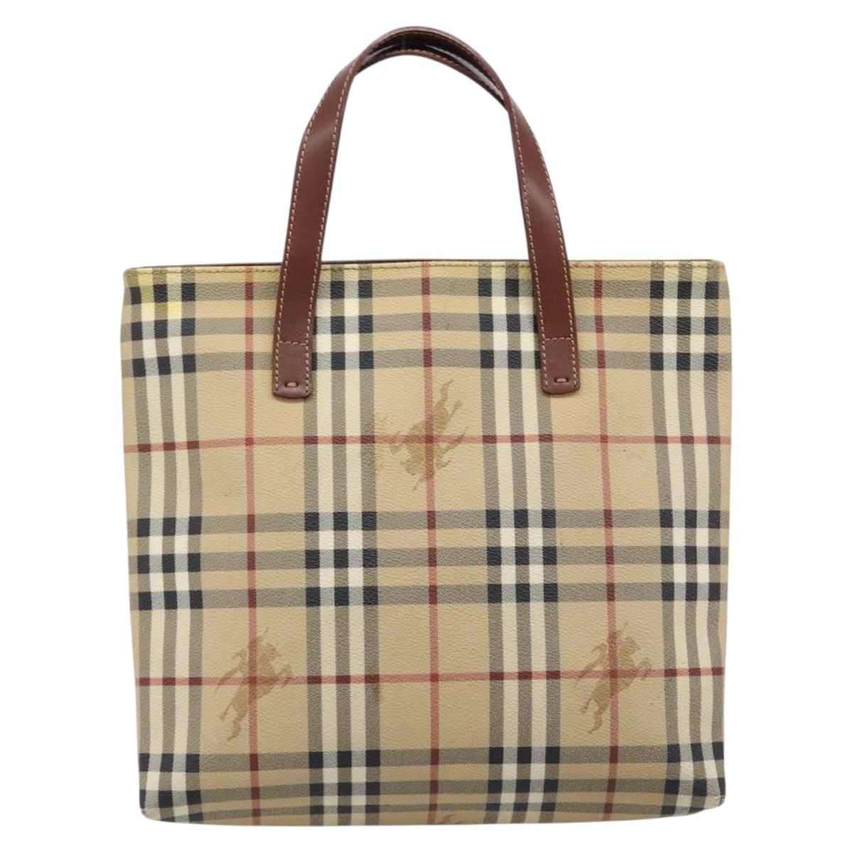 BURBERRY Nova Check Hand Bag PVC Beige Gold Auth 215413