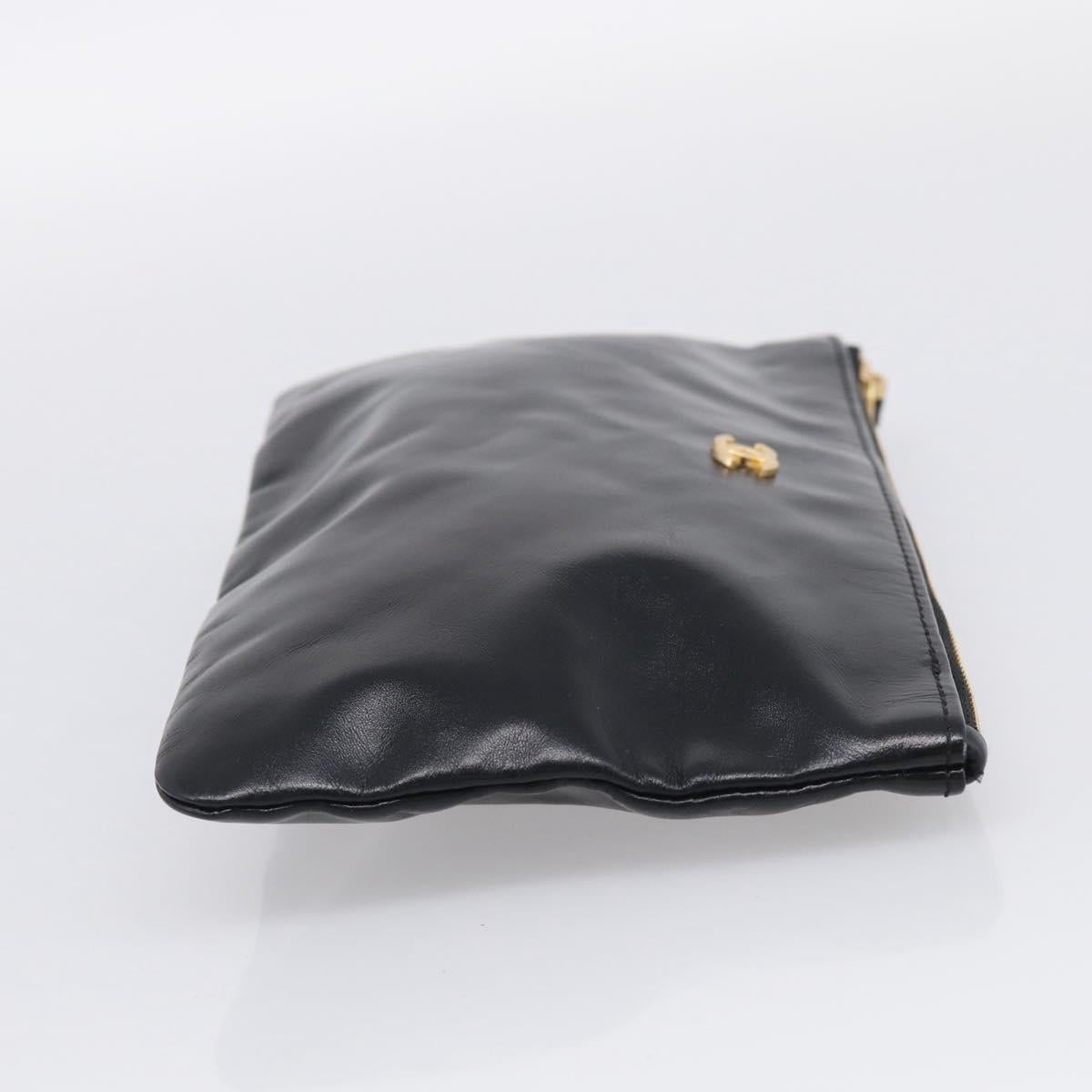 CHANEL COCO Mark Pouch Leather Black Gold CC Auth 215419A