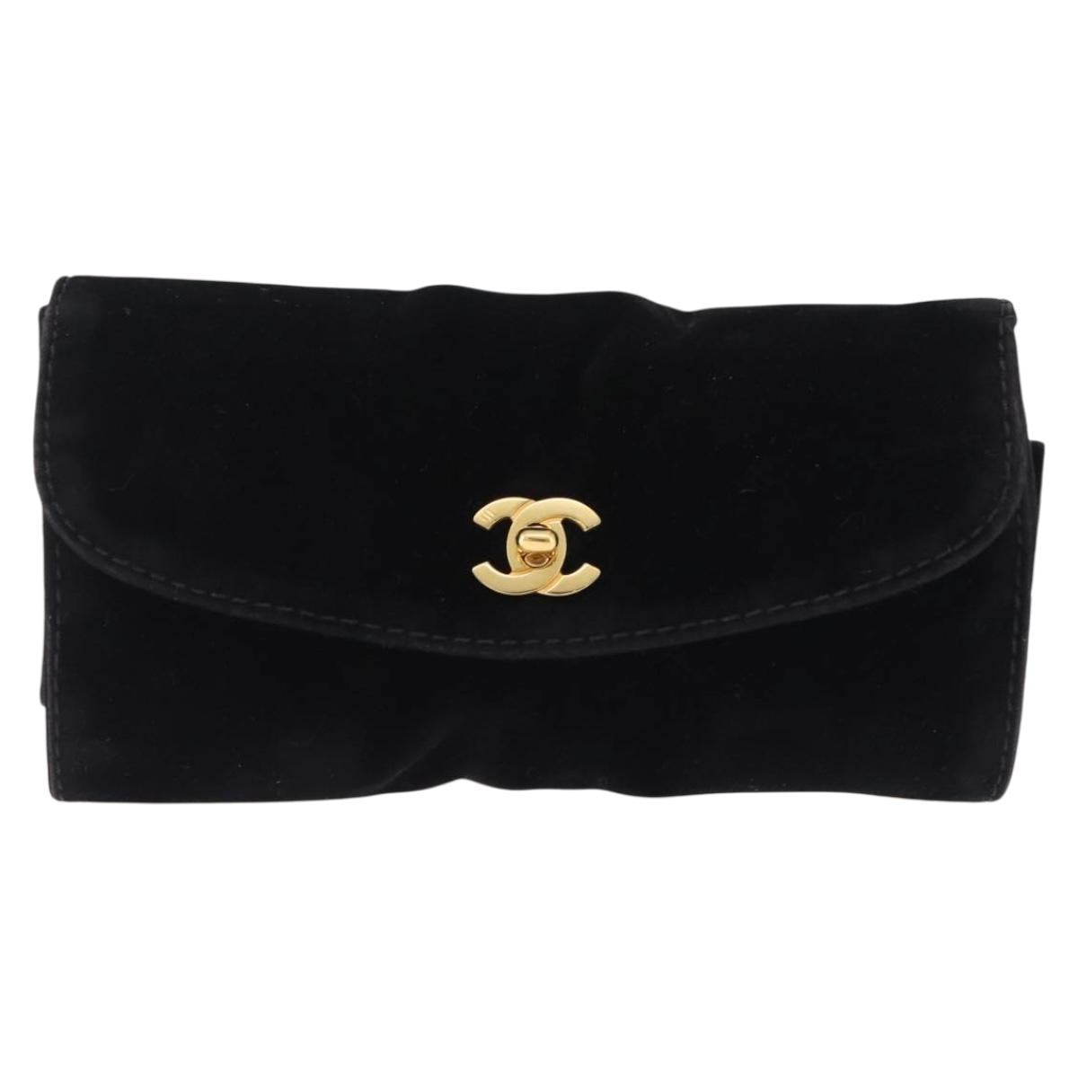 CHANEL Cosmetic Pouch Velor Black Gold CC Auth 215421A