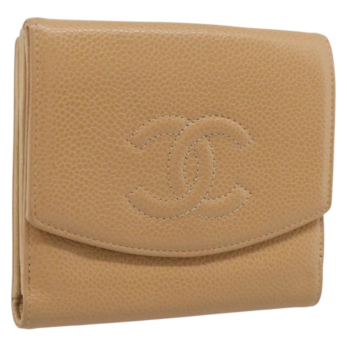 CHANEL Wallet Caviar Skin Beige Gold CC Auth 215436