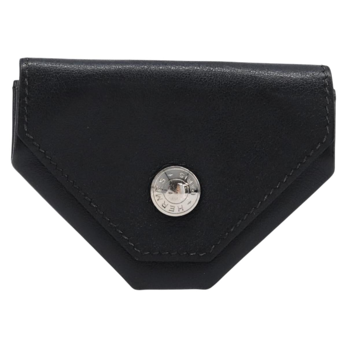 HERMES Revan Cattle Coin Purse Leather Black Silver Auth 215443A