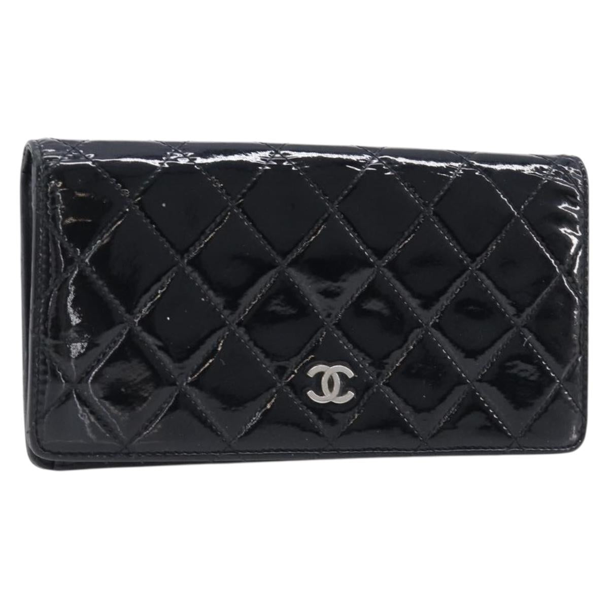 CHANEL Matelasse Long Wallet Patent leather Black Silver CC Auth 215444