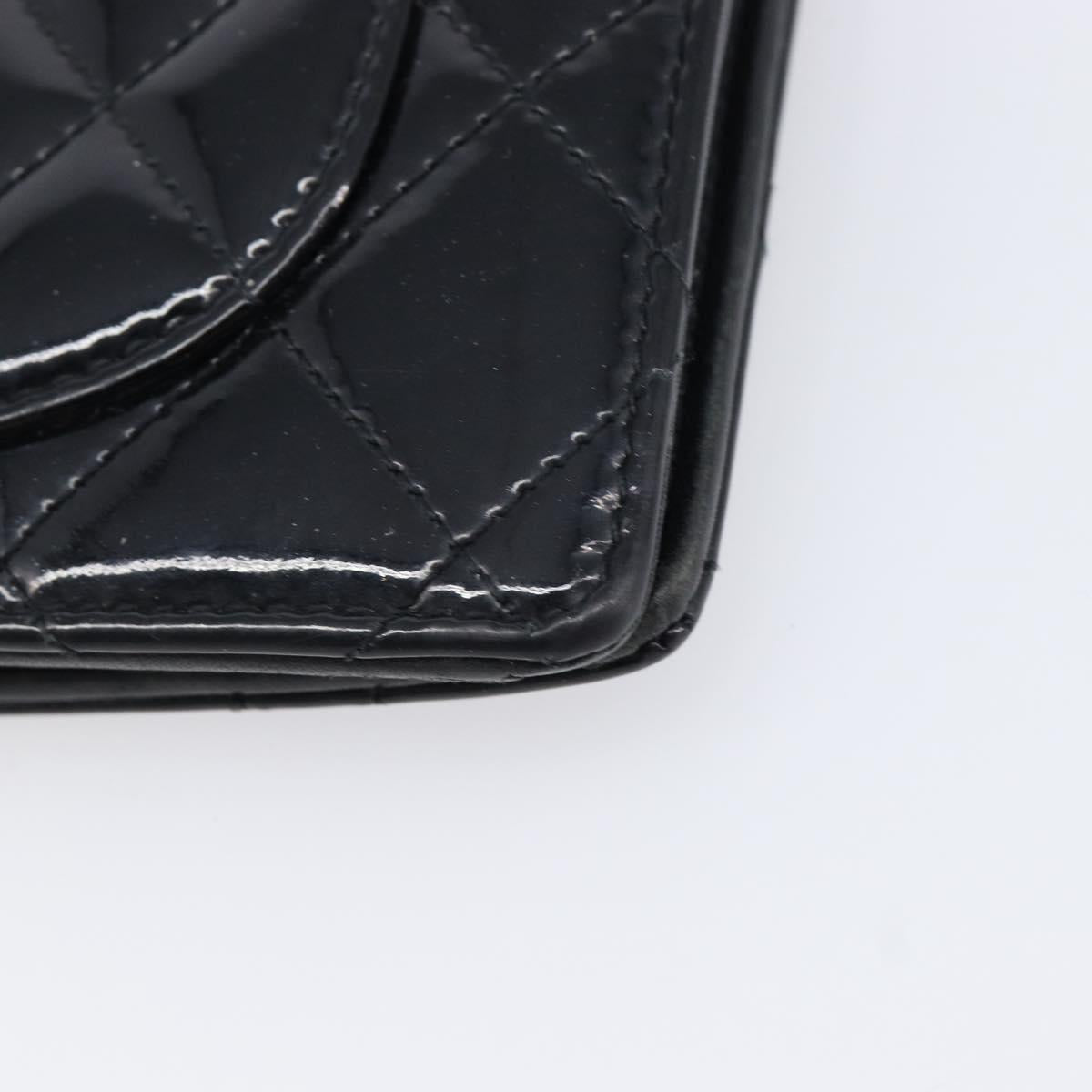 CHANEL Matelasse Long Wallet Patent leather Black Silver CC Auth 215444