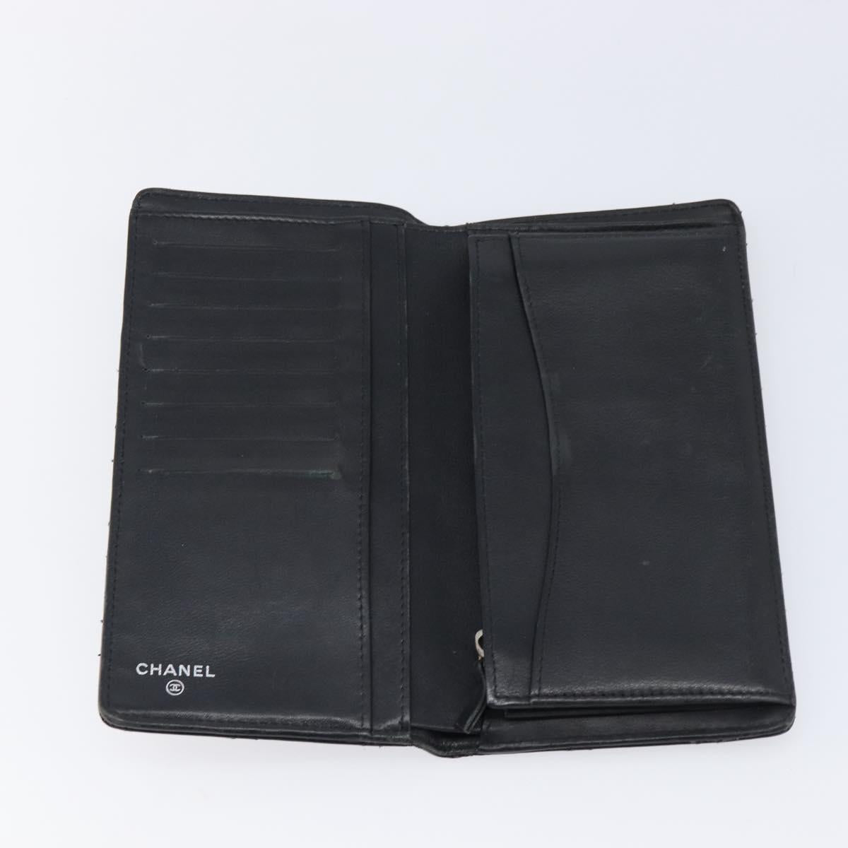 CHANEL Matelasse Long Wallet Patent leather Black Silver CC Auth 215444