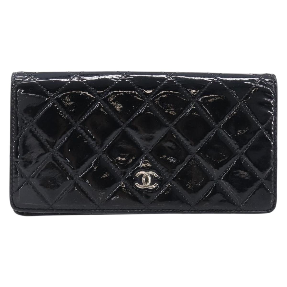 CHANEL Matelasse Long Wallet Patent leather Black Silver CC Auth 215444