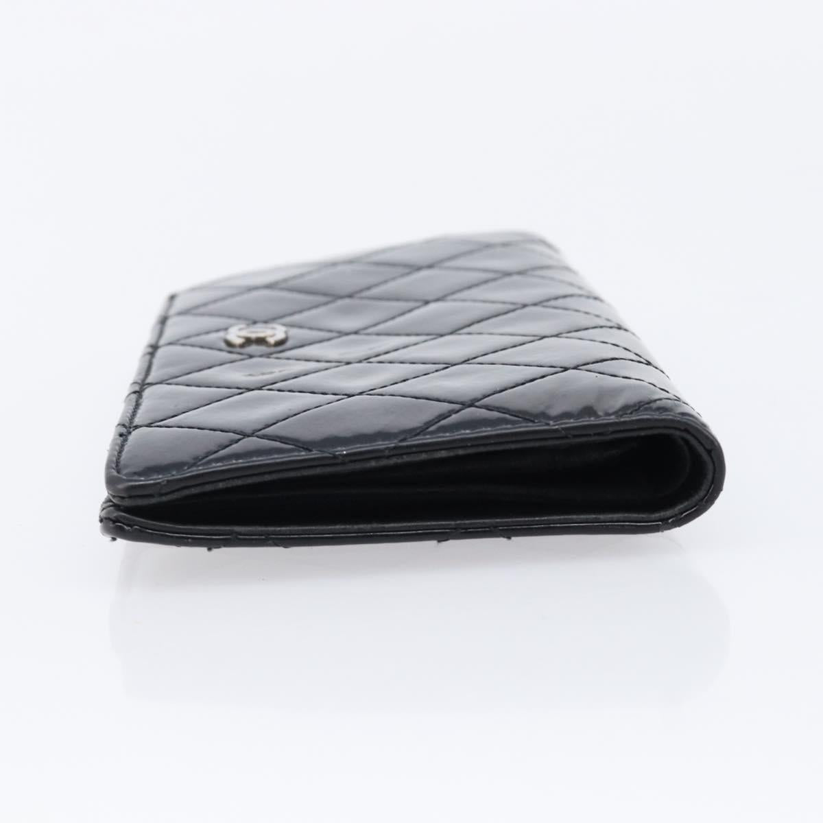 CHANEL Matelasse Long Wallet Patent leather Black Silver CC Auth 215444