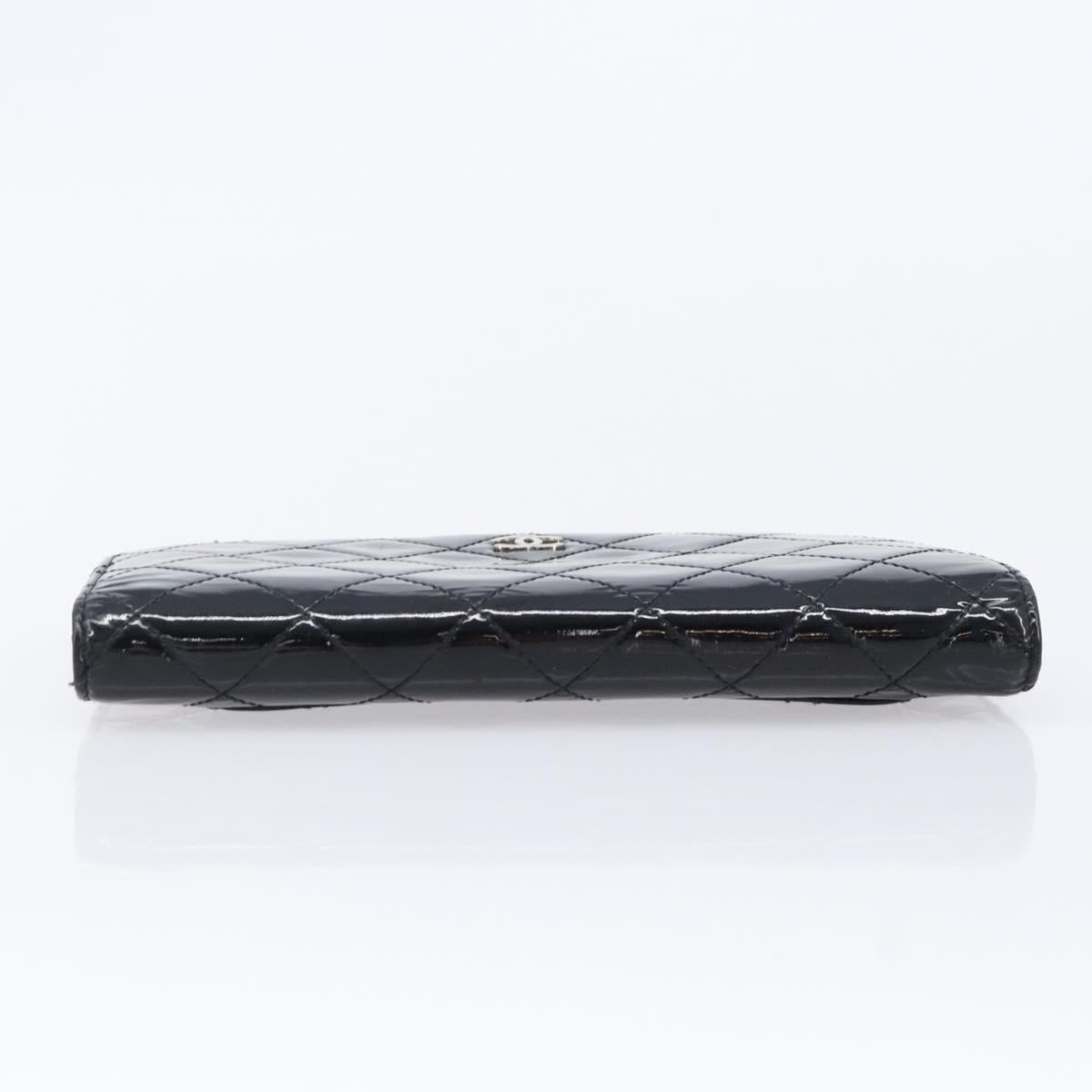 CHANEL Matelasse Long Wallet Patent leather Black Silver CC Auth 215444