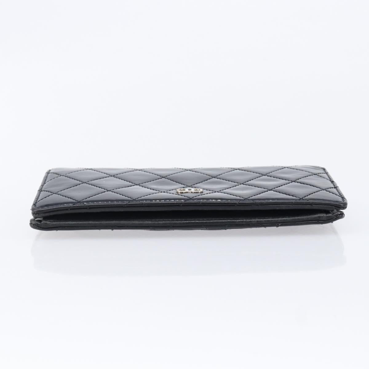 CHANEL Matelasse Long Wallet Patent leather Black Silver CC Auth 215444