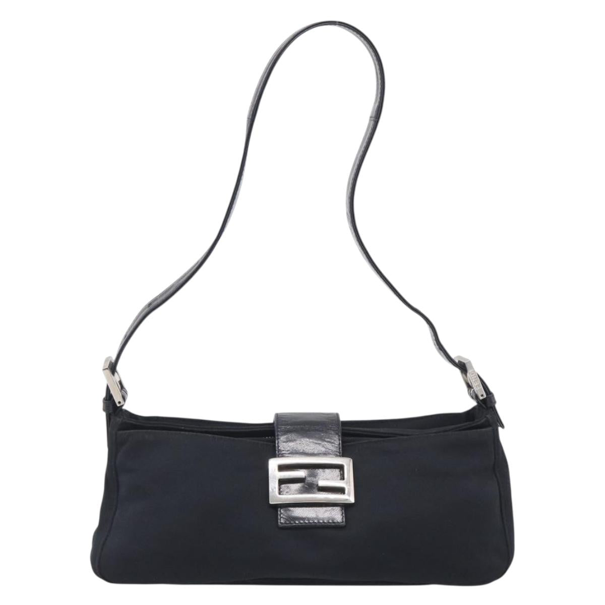 FENDI Mamma Baguette Shoulder Bag Cotton Jersey Black Silver Auth 215532