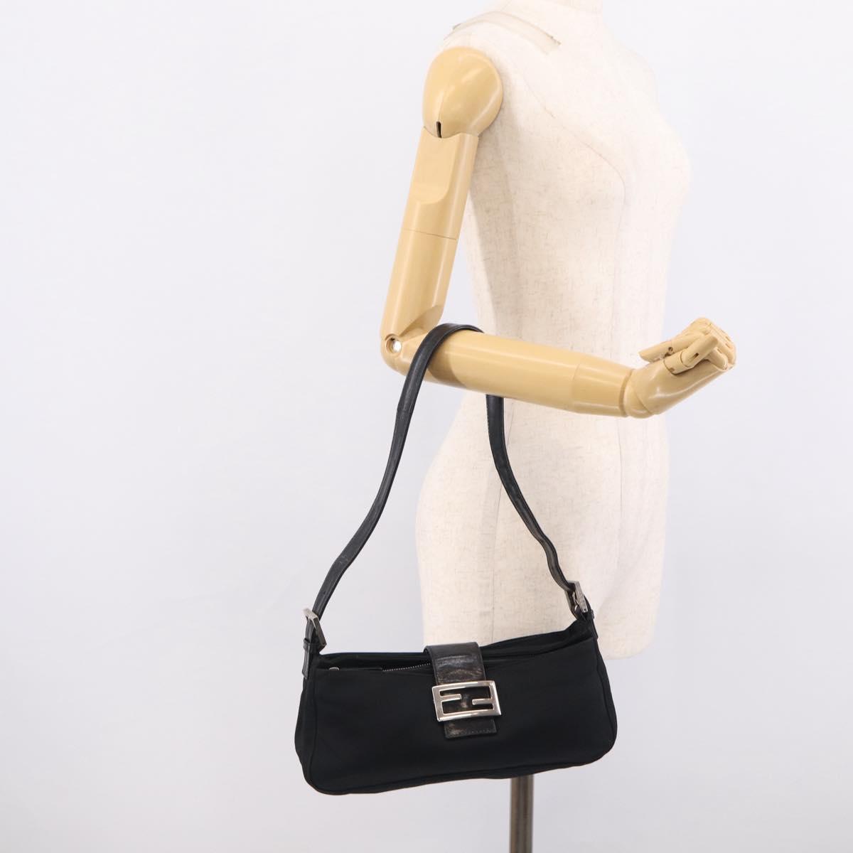 FENDI Mamma Baguette Shoulder Bag Cotton Jersey Black Silver Auth 215532
