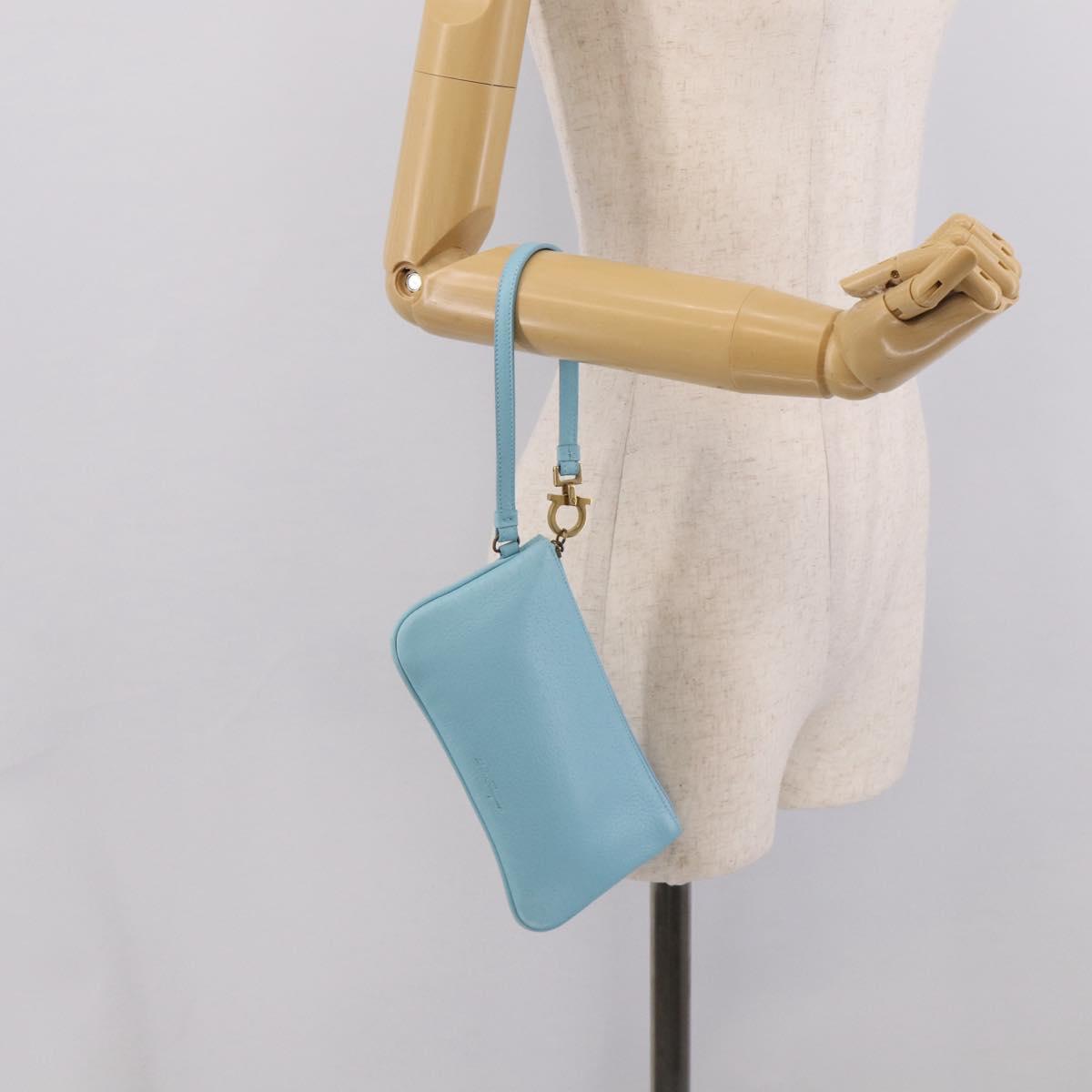 Salvatore Ferragamo Gancini Accessory Pouch Leather Light Blue Gold Auth 215537A
