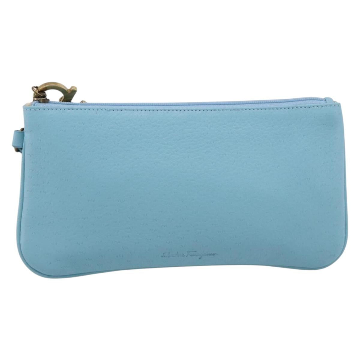 Salvatore Ferragamo Gancini Accessory Pouch Leather Light Blue Gold Auth 215537A