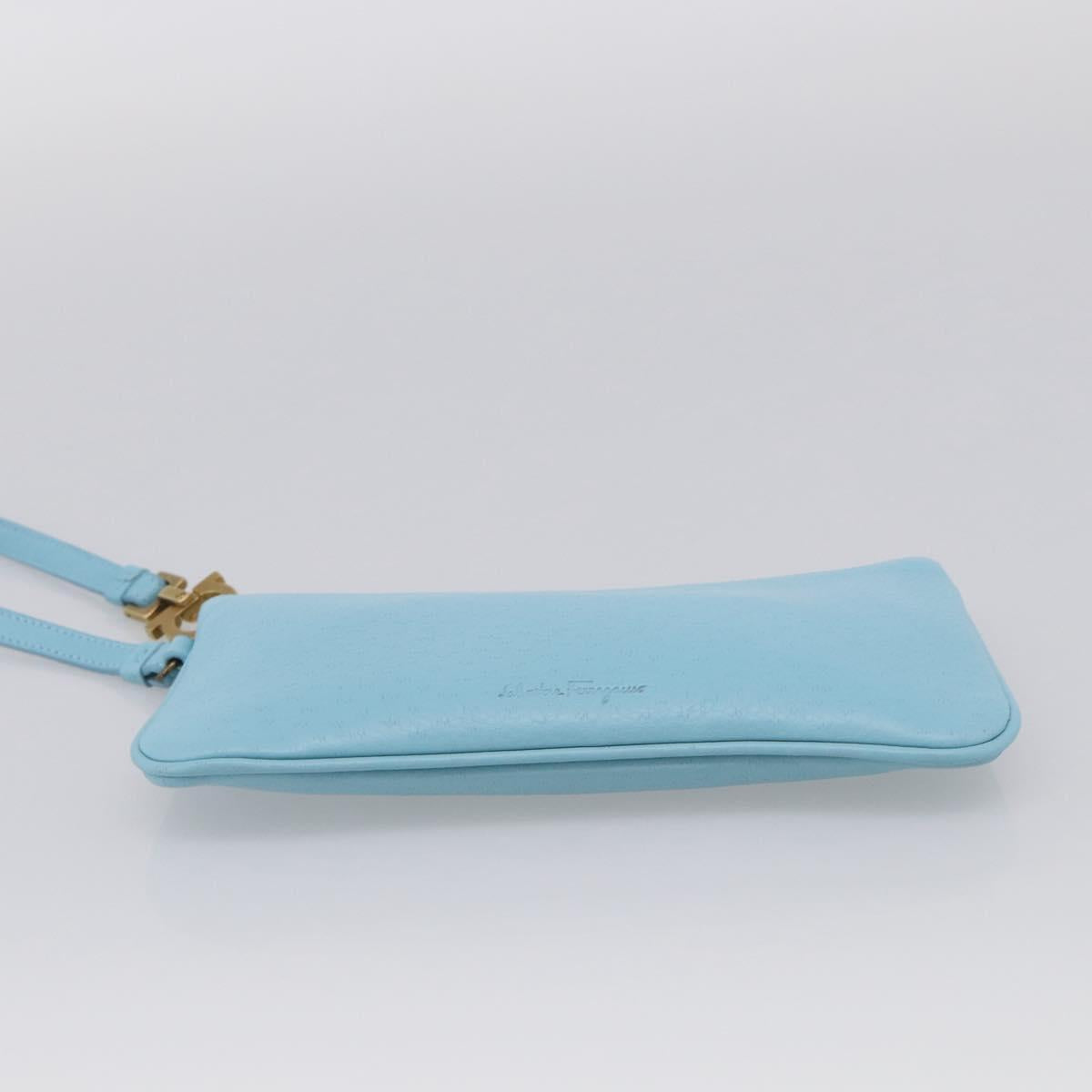 Salvatore Ferragamo Gancini Accessory Pouch Leather Light Blue Gold Auth 215537A